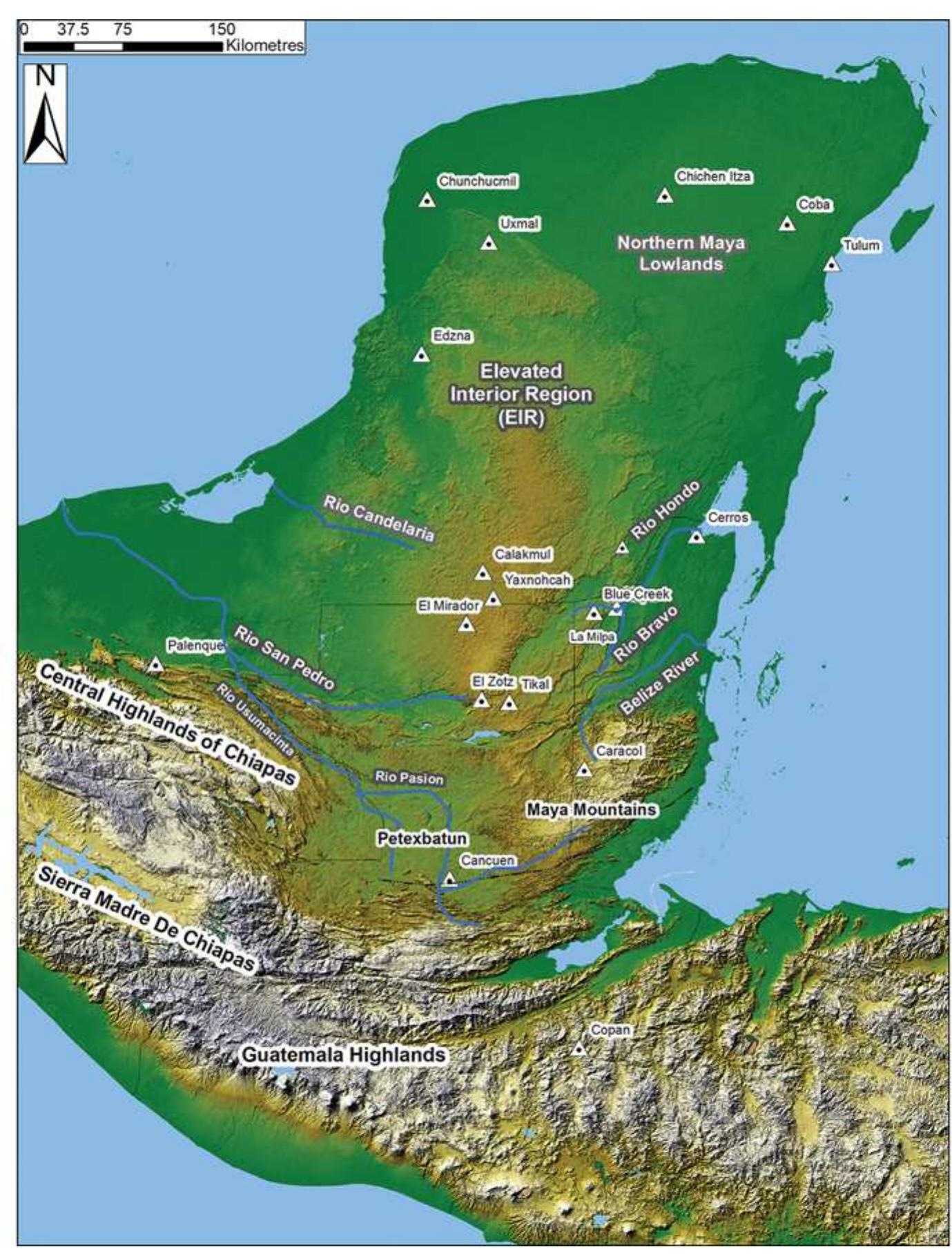 Figure 2. Physiography, hydrology and ancient Maya sites of the Maya lowlands. 