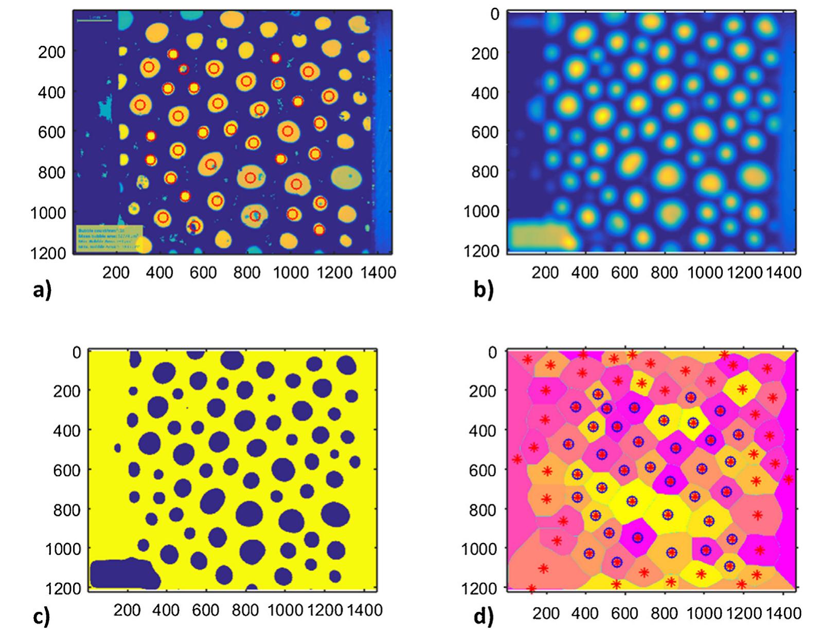 Fig. 7 - Bubble size evaluation with original frame obtained from DFA 100 (a) filtered image (b) binarized image (c) and the cell skeleton image (d) analyzed bubbles are marked with a circle. 