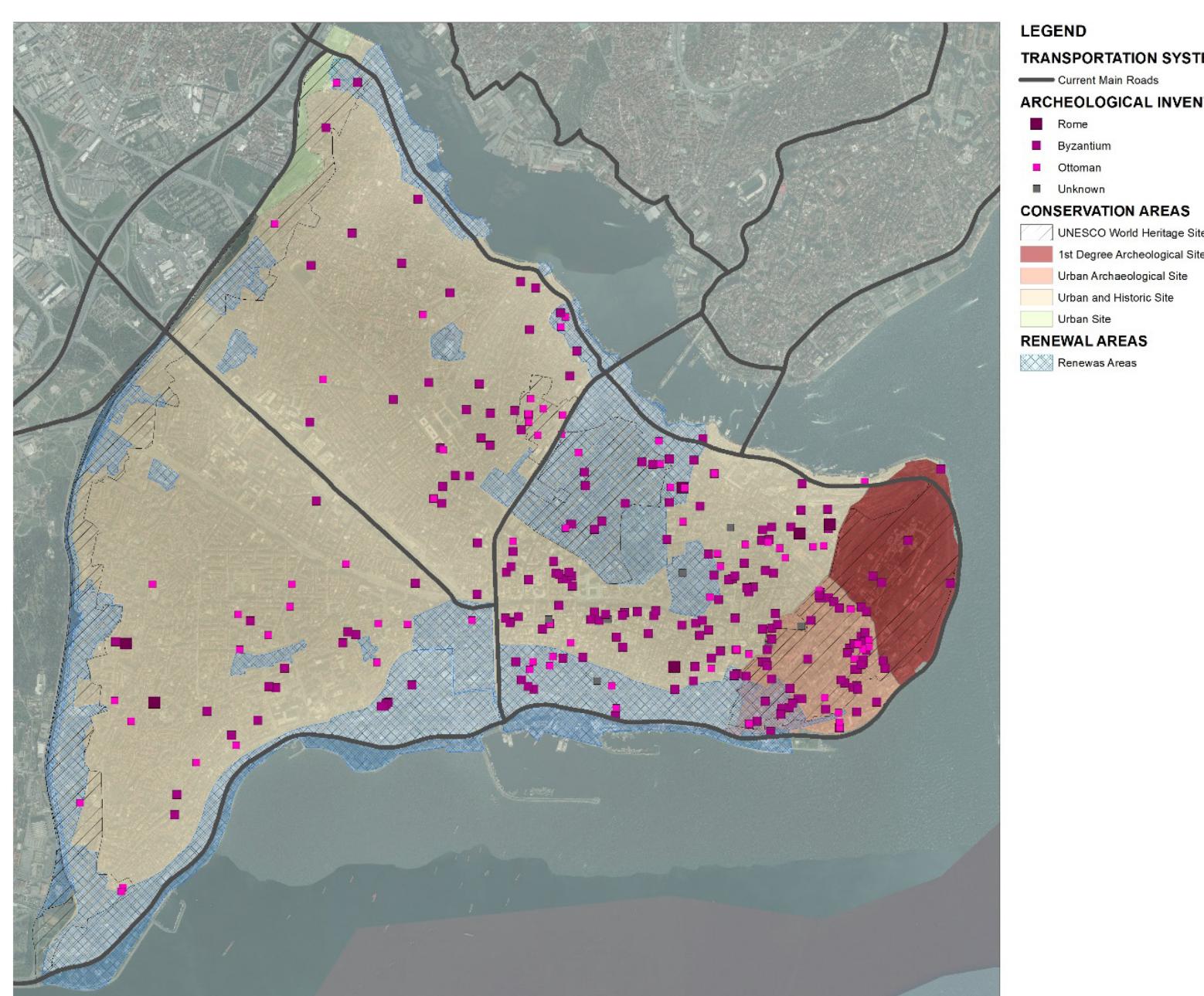 Before all these inventory works are carried out,  Fig. 5 - Conservation and Renewal Areas in Historical Peninsula.  ground culture inventory and is insufficient for the reconciliation of the continuity of the underground culture inventory. Thanks to this study, we have more closely acquainted with the archaeological cultural inventory, which is not noticed in public space but is considered a common product of so- ciety, with areas whose continuity can be traced on the side parcel. Now, with the current plan deci- sions, the conflict created in the Historic Peninsula will be drawn along with the newspaper news and the prepared database.  \AlaAan vsrn Innl at leotanhisyl vrith dontone vin aloorly  