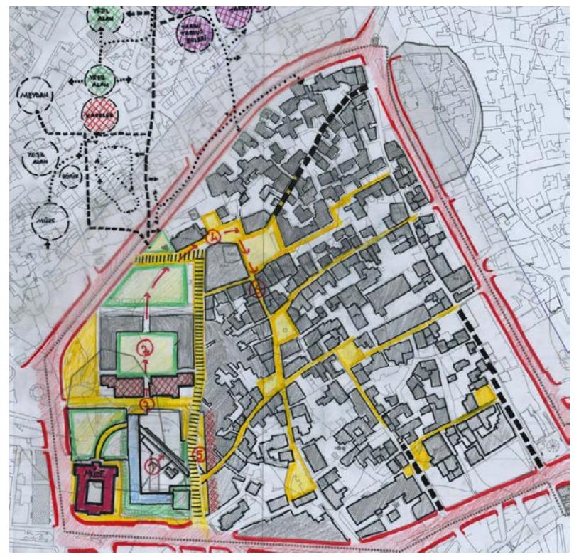Fig. 8 - Roman Road and Conceptual Diagram for the nearby surroundings.  In addition, the Old Court House of Tarsus next to Roman Road, has been restorated as Archae- ological Museum. Therefore, the group suggest- ed a circulation road to integrate in-situ remains into guided tours of Archaeological Museum by ramps, platforms and boards (Fig.8). Moreover, streets with in-situ or re-used archaeological re- mains would enrich experiences not only for vis- itors, but also for the local citizens.  In addition, the Old Court House of Tarsus next to Roman Road, has been restorated as Archae- ological Museum. Therefore, the group suggest- ed a circulation road to integrate in-situ remains into guided tours of Archaeological Museum by ramps, platforms and boards (Fig.8). Moreover, streets with in-situ or re-used archaeological re-  mains would enrich experiences not only for vis- itare hit alen for tha Ineal critizane 