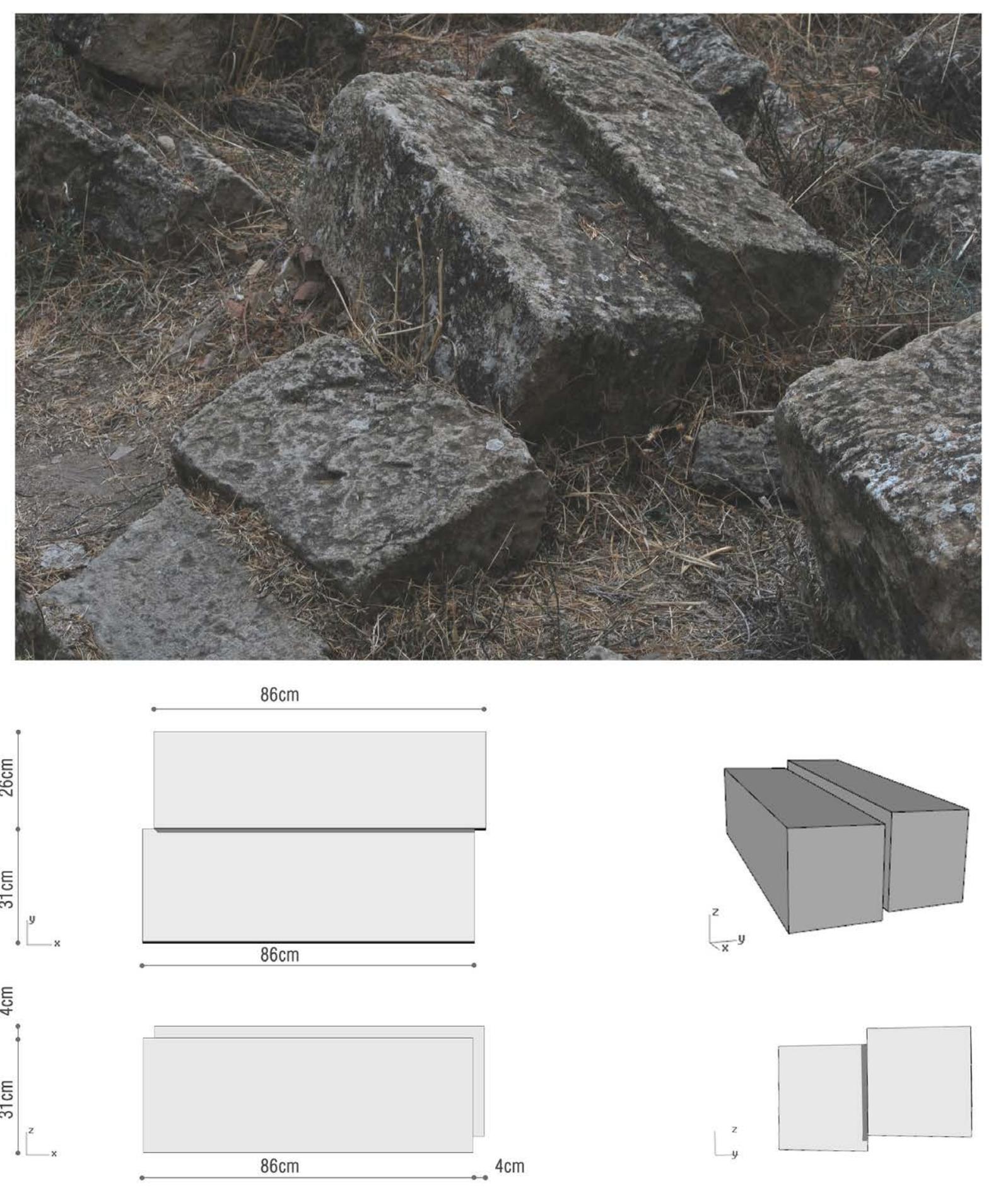 Fig. 20 — The double-chaired voussoir from the Salamis calidarium barrel vault, photo, plan, section and elevation (Copyright: Camiz, Tedeschi, Griffo 2078). 