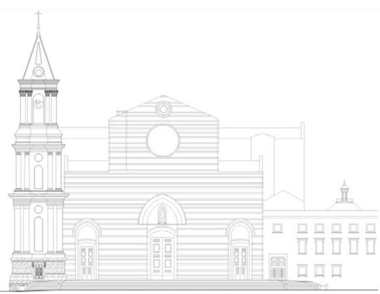 Fig. 6— The main front of Santa Croce Basilica as it may appear in the XVI century in case of completion of the Tower Bell by Francesco da Sangallo. (Copyright: FE Tioli, G. Verdiani, 1998). 