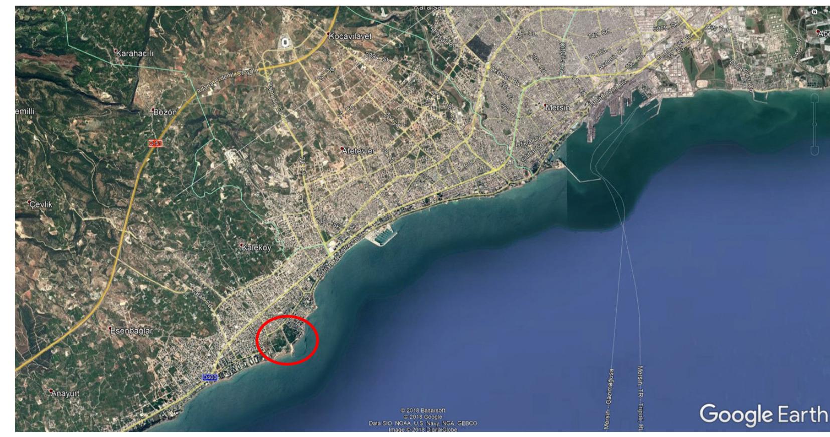 Fig. 2 — Site of Soli Pompeiopolis in modern Mersin. (Google Earth, 2018).  established connections between the solar path, the northern and the western mountains, the Liparis river, and the Mediterranean Sea, and thereby they aligned the civic activities of the citizens with the workings of the surrounding elements of the site, both near and far. Drawing upon recent research that have highlighted the solar orientation of Roman settlements, and yet evaluating the solar alignments in conjunction with the topographical situation of the specific locality, this study aims to understand the situation of the principal public components of the ancient city of Soli Pompeiopolis with respect   Fig. 1 - Location of Soli Pompeiopolis in the Mediterranen Basin (base map: https://d-maps.com, carte.php?num_car=31228lang=en). 