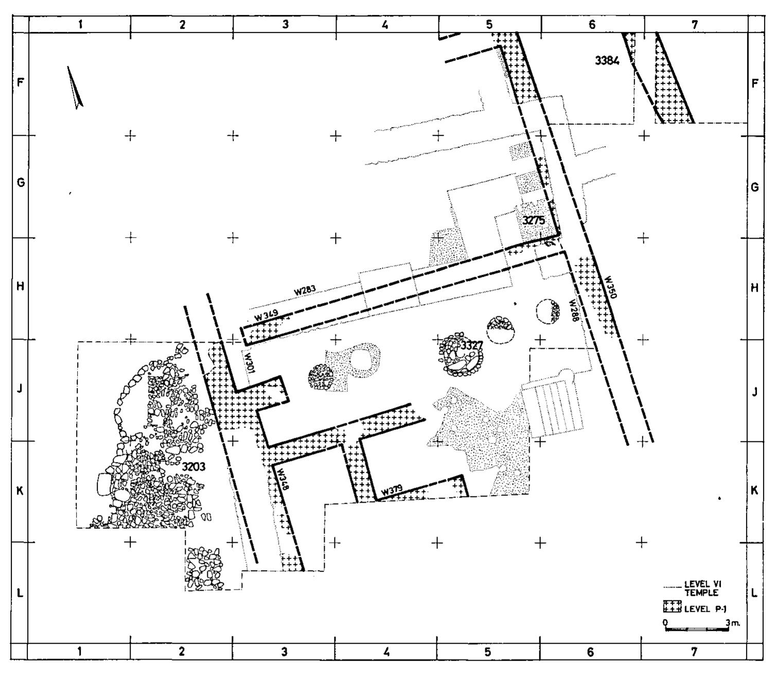 g.6. Area P, Level P-1. Building remains underlying Level VI temple.  Relatively few finds could be related to the Level P-1 building. A concentration of pottery 