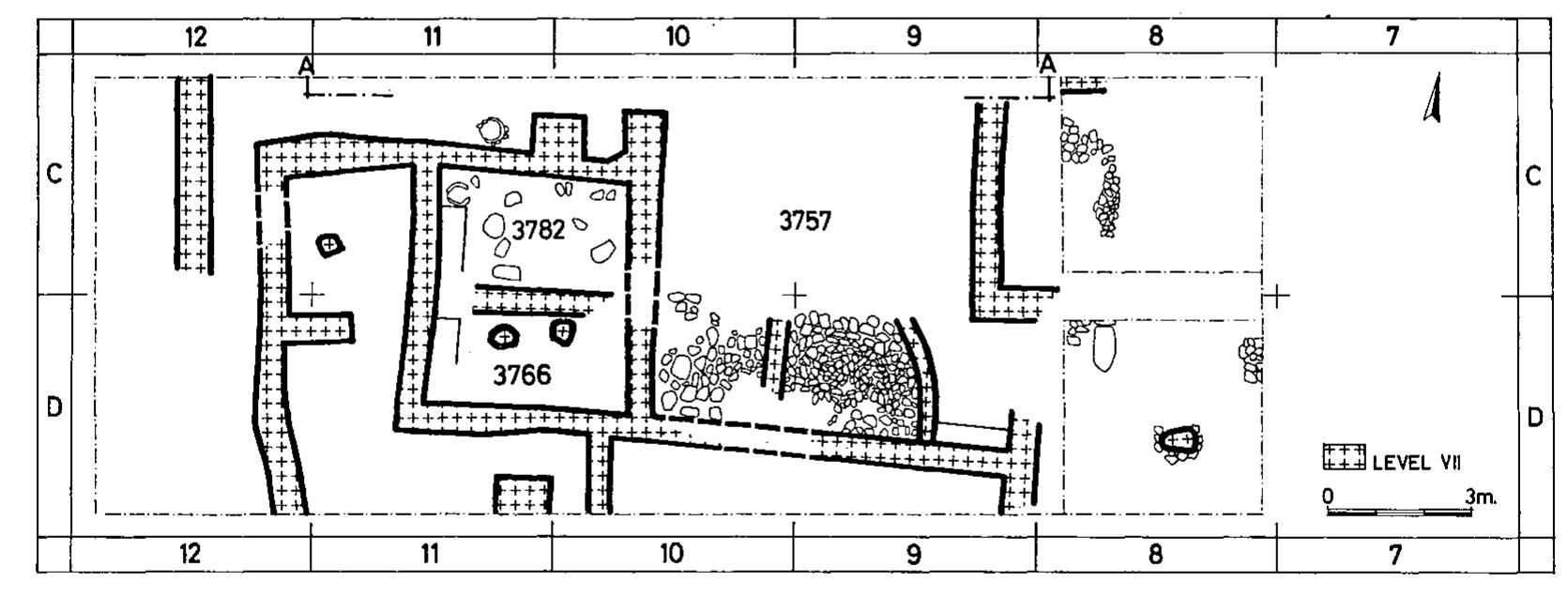 Fig.7. AreaS. Later phase of Level VII.  eration WE SRN ete HE A eh ae act  The remains of this stratum were largely uncovered in the 1981 season. In 1983 the baulks were excavated, and the digging of the entire stratum was completed (Pl. 22:2). By the end of the season, many of the Level VII remains have already been removed, and in a few squares the excavation penetrated to debris layers apparently belonging to the underlying stratum (PI. 22:1). The area in the eastern part of the trench — in Squares C/D7-8 — was apparently not built at that level; here the excavation of Level VII was not completed, and some of the Level VI remains have not yet been removed. 