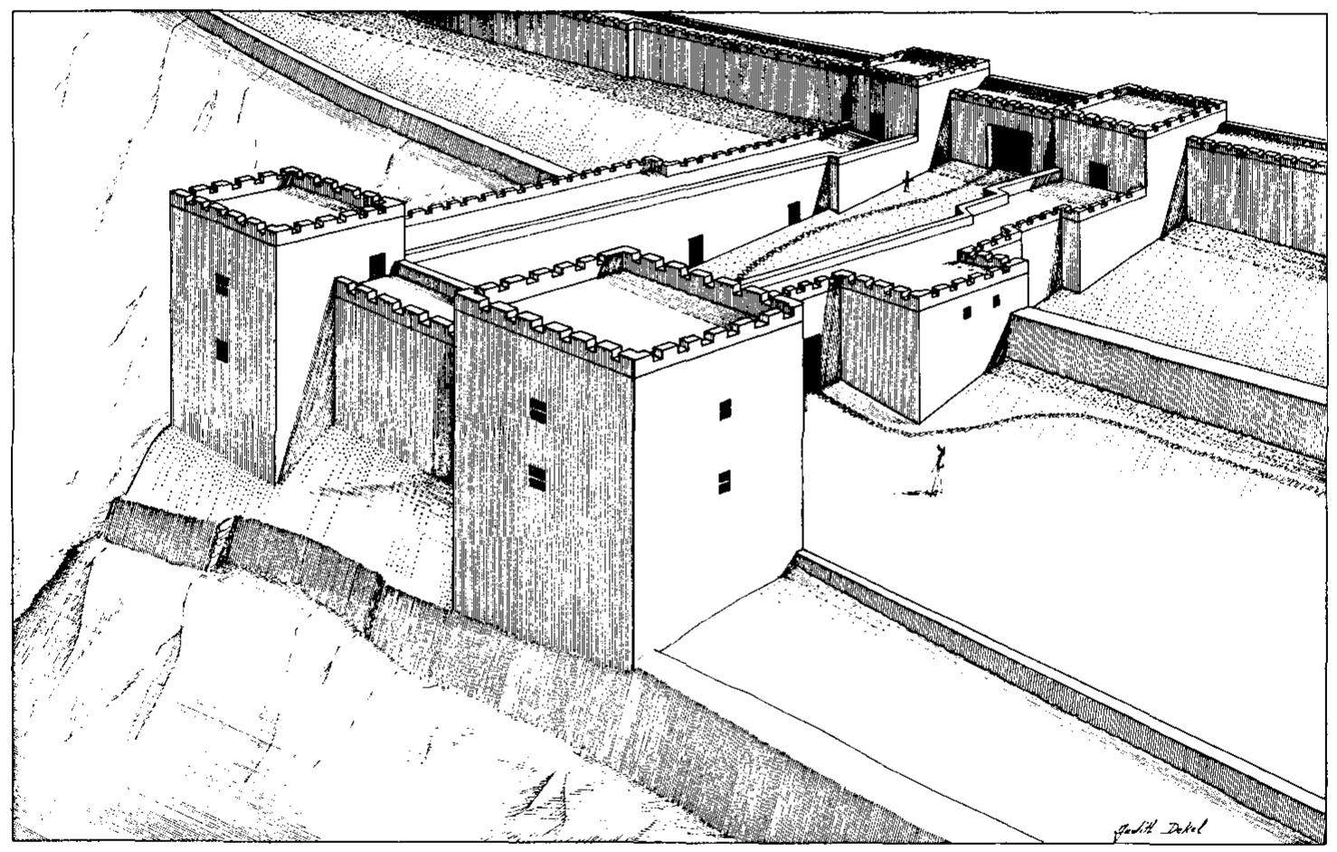 Fig. 18. Reconstruction of Level If city gate (drawn by Judith Dekel).  On the northern side of the gate complex there was either a corridor or (more likely) a row of rooms built in the narrow space between parallel Walls 497 and 499. Both of these walls stood on a solid stone foundation (W751) about 3.30 m. wide. In the eastern part of the guardroom (Starkey’s Locus E 18 C), we dug beneath the floor (Locus 4346) and found that this room is also based on a massive foundation wall. We therefore assume that the southern side of the gate complex resembled its northern side and consisted of a massive foundation topped by rooms. On the western side of the gate complex, Wail 750 was poorly preserved, its  plan to that of the older structure and incorporating some of its remains. Furthermore, the builders of the new structure cut deep foundations into the older gate, robbed many of its stones and used its destruction debris as filling material. Our work in the southwest part of the bastion enabled us to distinguish between the remains of the older gate and those of Level II. It is now clear that the massive tower at the southwest corner of the bastion (W799), the wall connecting it with the guardroom (W769) and the wall extending from it along the western side of the bastion (W750) were all part of the Level II gate. Around the tower, which was built of massive stones, earlier remains could not be discerned, since they were probably removed to make room for the tower and their stones incorporated into it. Our trench to the west of the bastion (Locus 4383) exposed the vertical join between the northwest corner of the  new tower and the upper courses of the stump of the older external wall of the bastion (W753). 