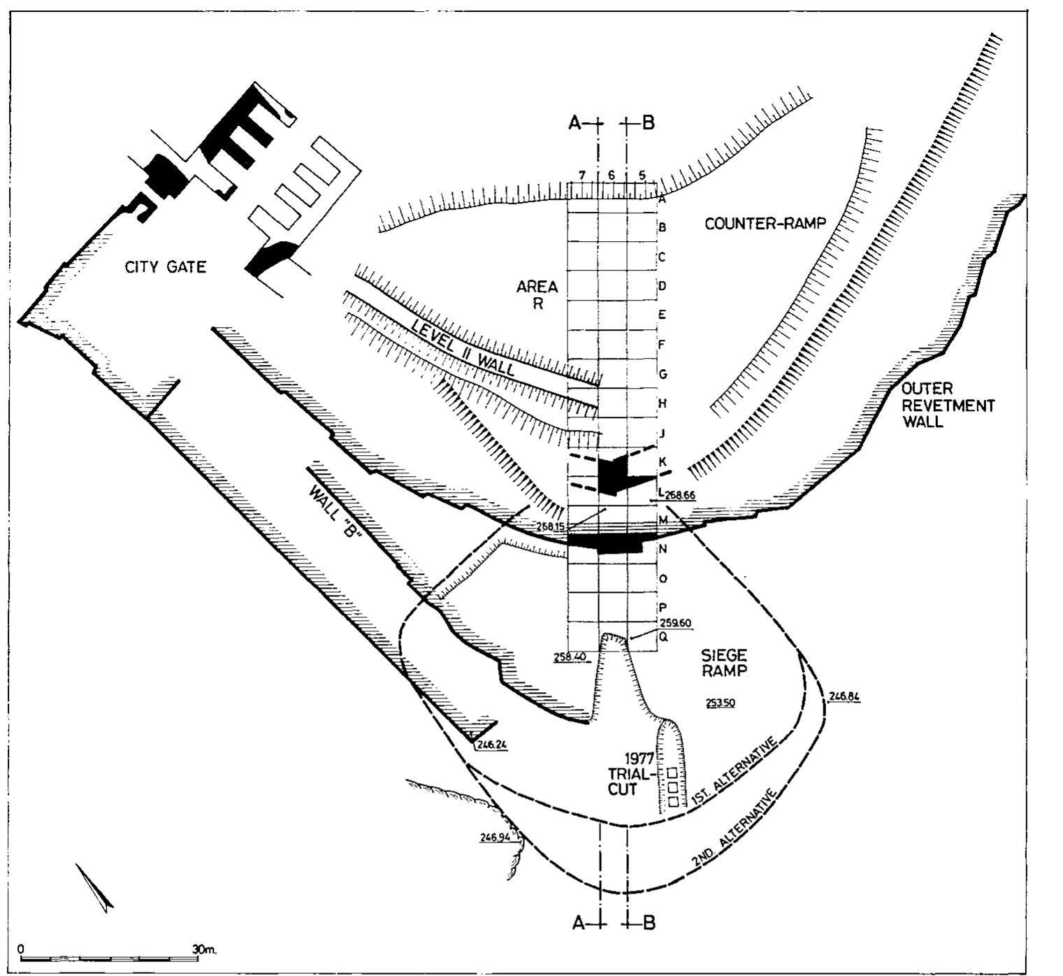 Starkey S walls a and D flanking the roadway, and must nave partly filed the rosse Delow.  When Starkey excavated the roadway, he completely removed that part of the siege ramp that covered it. At present it is difficult to reconstruct the situation here, particularly at the time of Level II, when the roadway must have been rebuilt. A photograph portraying the siege ramp covering wall ‘b’ was published in Lachish II: P|. 13:3. Tufnell’s report (ibid.:97) is very brief; she described the remains as follows: ““The ascending roadway . . . was in use during the period of Level II. Here also two phases were apparent, as represented by two different road surfaces. The upper road ... was everywhere covered with some centimetres of charcoal, ashes and burnt brick, which were in their turn covered by a mass of calcined scree fallen from the second and third walls. . .. The violent conflagration indicated by the debris (which contained large numbers of arrowheads) lying on this road suggests that it was contemporary with the final burning of the Level II city.’’ On the basis of the presently available evidence, we are inclined to attribute these remains to Level III rather than to Level II.  Dunnedianad thacchama ance avinenal ammaneanna aftha cians: eamn ofmna: sta lacsare waewt tana 