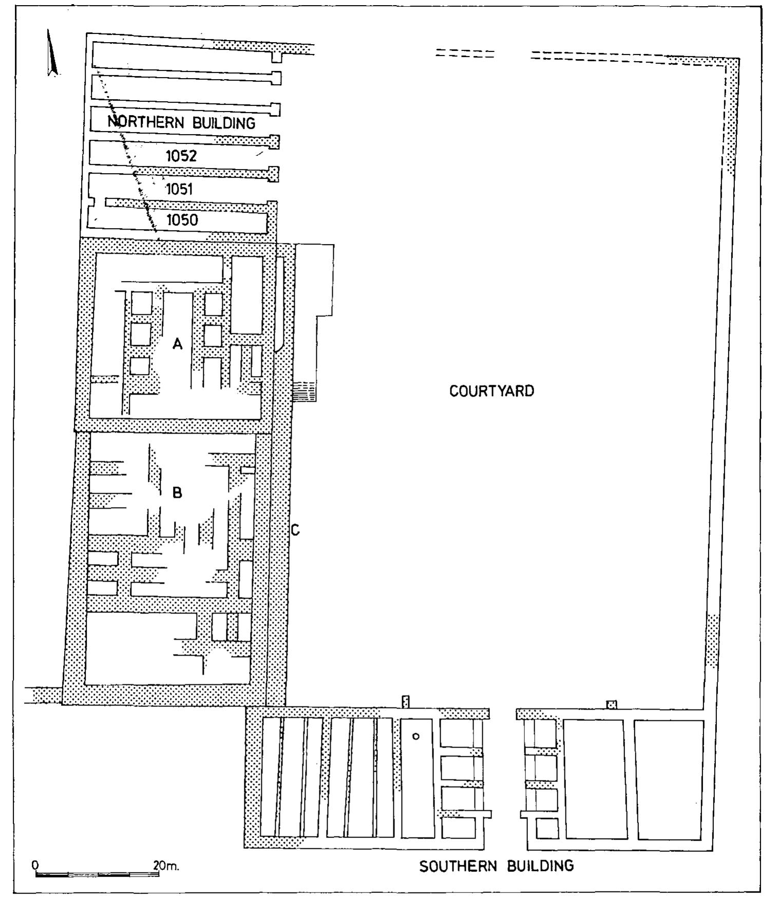 the building are now missing. Taking into account the thickness of this missing corner, the lat- ter would have been at least 21 m. from the wall of the palace-fort and very likely exactly 23 m., like its predecessor. We have reconstructed the southern facade of Building 1034 and the gateway on the basis of the latter (conjectured) dimension, and, as will be shown below, the internal division of the gateway into chambers of equal size works out perfectly if we as- sume that the western wall was ca. 23 m. long. (The actual length of the gateway was slightly less, since the south wall of the government storehouse, W802, was not exactly parallel to its northern wall, W801). 