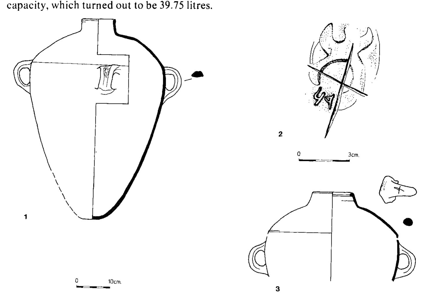 Fig. 28. Royal Judean storage jars: (1) Storage Jar 1V with restored base, (2) handle with defaced royal seal impression (Reg. No. 11207/1), (3) storage jar with cross-shaped mark (Reg. No. 10459/1). 