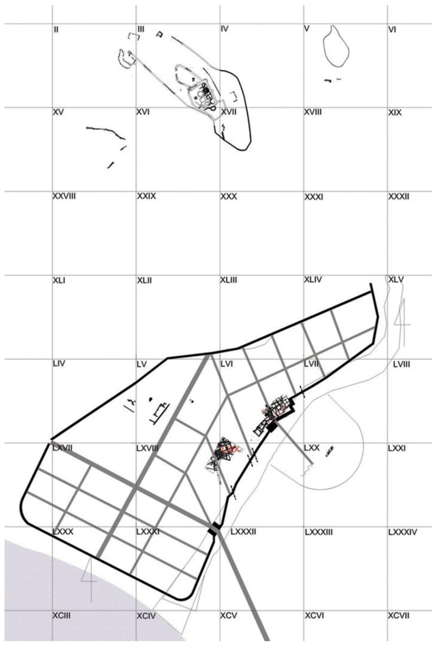 The unique character of this city is evident in its monumental fortifications [Fig, 2]. They were known and 10us even in the second half of the second century AD. An inscription from the times of Marcus Aurelius, set up Numidian Lambaesis, the seat of the Legio IIT Augusta, by a legionary legate originating from Rhizon, calls them enia Aeacia, i.e. resembling the works of Aeacus of Aegina, who was said to have joined forces with Apollo and eidon to raise the walls of Troy (Serovié 1962: 28; Garaganin 1966; Wilkes 1992: 136; Dyczek er al. 2010; 2014).  The fortifications of Rhizon ran some 200 m away from the line of the river Spila to the northeast (Faber 1996: 3). They have been investigated methodically by us since 2004. In 2005-2006, we studied the right bank of the x along its entire length, recording in many places remains of the Cyclopean wall, either in the precipitous bank at the bottom of the river. Mapping these remains gave an idea of the line of ancient fortifications running for ut 300 m [Fig. 3]. Underwater investigations in the Spila’s estuary determined beyond doubt that the tumbled cks found there come from the fortifications and a gate approaching Rhizon from the south. The fortification walls round an area of more than 7 ha. They were constructed of large dressed blocks measuring 1.20 x 1.40 x 0.60 m. 