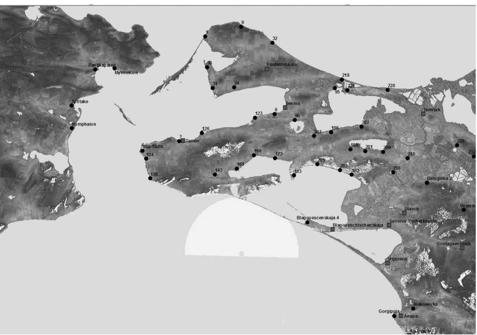 century BCE) until medieval times*’. Moreover, the highest peaks of this mountain- ous range are the main landmark at the north-western extremity of Asia, seen from both the Azov and Black Sea and from other points with good visibility on the Kerch channel (fig. 9-12). Furthermore, in the necropoleis near Volna 1, the oldest Greek imports date back to the first half of the 6 century BCE, and they are continuously mixed up with local ceramics. The site of Volna 1 (Paromov’s site no. 137) covers ca. 45 ha. The richness of the Greek and Barbarian finds as well as the traces of ur- banisation show that this area was the most important site in the southern part of the island. Its inhabitants could control the access from the Black Sea along both the Kerch and Kuban channels. Since their settlement preceded the arrival of the Greeks, they may have continued to use the old, pre-Greek toponyms.  Strabo’s distance of 70 stadia (ca. 14.2 km) between Akra (modern Naberezhnoe), on the European coast of Crimea/Taurike, and Korokondame fits the flying distance between the south-eastern extremity of Crimea and the feet of Volna, especially when one takes into consideration the strong erosion and change of the coast line  