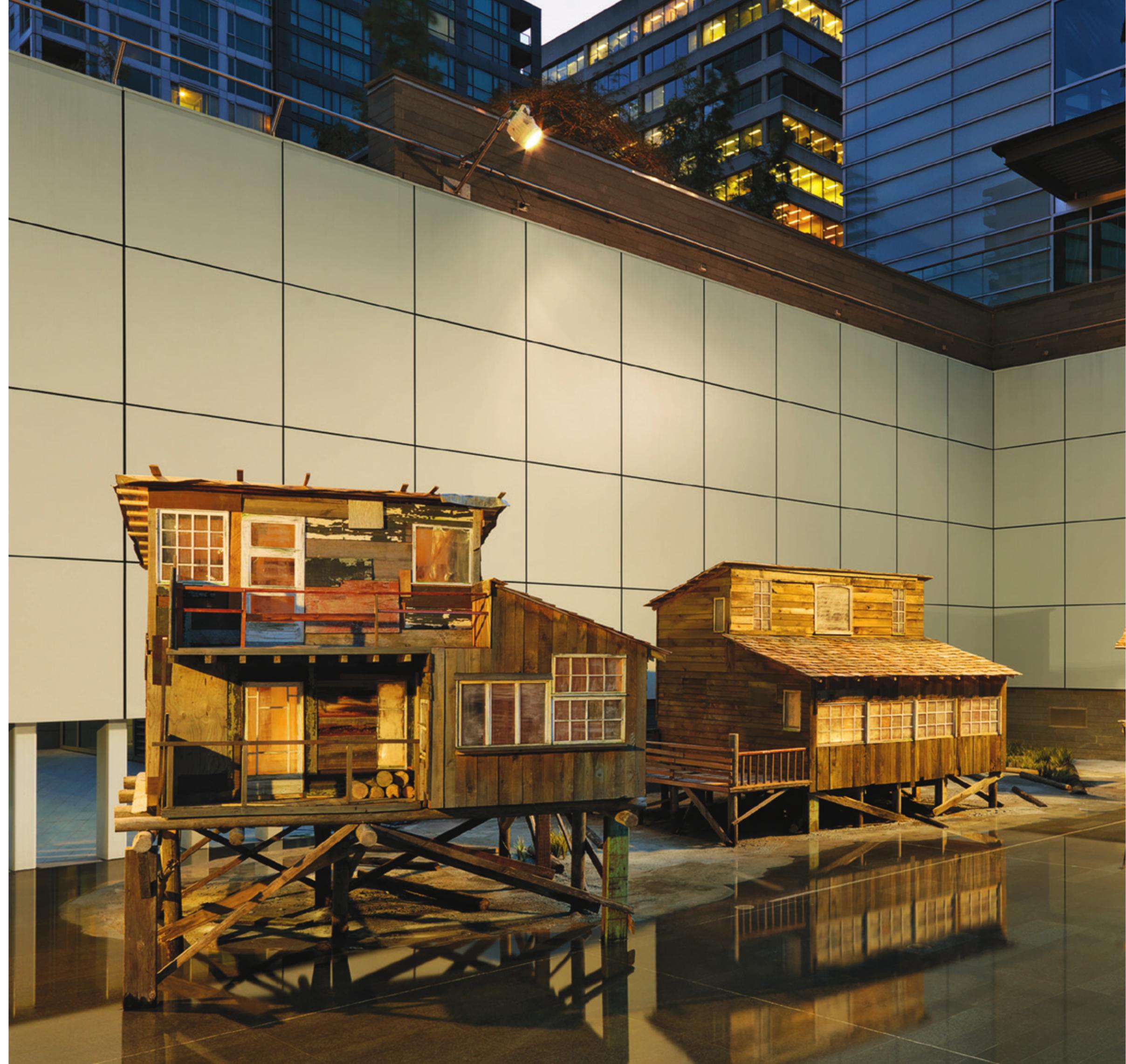 The Maplewood squat was a highly symbolic episode in a dynamic tension between values still active today. It was both urban and rural: it was a bit of country ringed by the city. Backed by a liminal forest that separated it from the growing bedroom suburb of North Vancouver, it faced the Shell Oil refinery located across the waters of Burrard Inlet.°  Vancouver’s tallest building. The discrepancy of scale between the skyscraper and the human-scaled artworks is shocking and heightens the effects of the title, which of course alludes to many things at once: the hotel’s name, the mystical utopia immortal- ized in James Hilton’s 1933 book Lost Horizon, and Vancouver’s ongoing reputation and self-promotion as global destination for scenic beauty, recreation and leisure. 