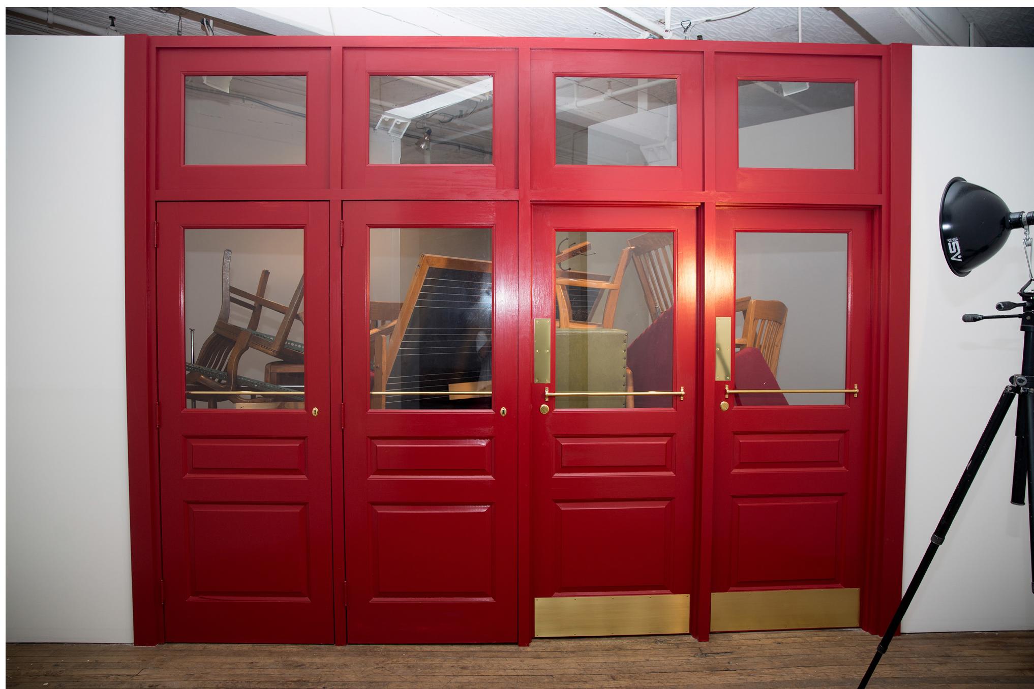 a et ite = iene  April 27, 1972, University of Pennsylvania (view from front) 2015. Wood, brass, drywall, furniture, lights, paint as installed at Vox Populi gallery in Philadelphia. 