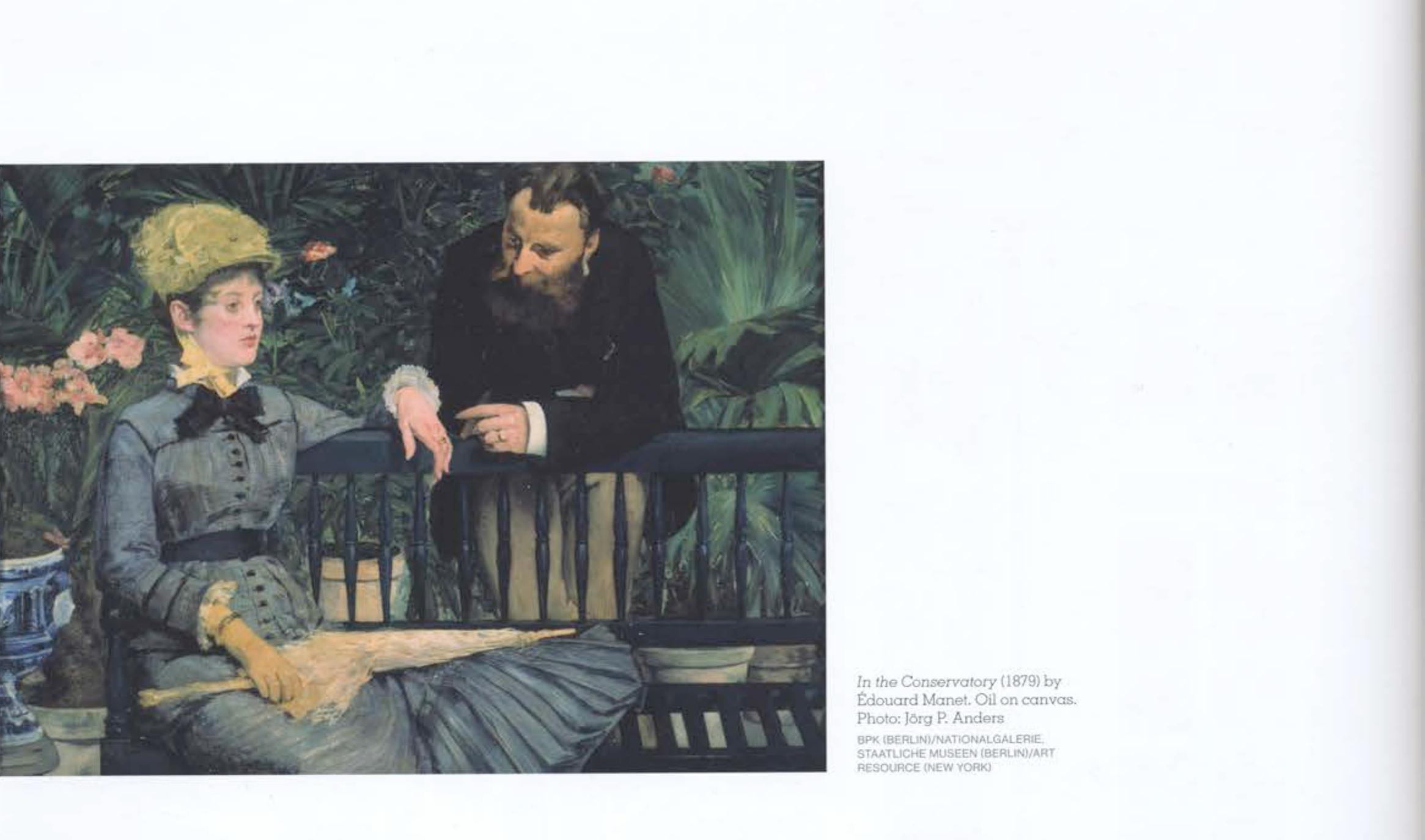 although the implied social setting unsettles the reading. Confirming this relationship between the two figures, Wall declared: “I thought [of] the woman in Woman and Her Doctor as a sort of porcelain figurine, and tried to make her look a bit like one, very glossy, so that the ‘clinical gaze’ of the doctor would have something to work on.”*!  dark clothing, stands behind his wife, leaning over the back of the bench on which she is seated and which acts as a barrier between them. Both wear wedding rings, and the woman, who is clearly displayed for the viewer, is dressed conservatively in the fashion of the day. In A Woman and Her Doctor, Wall has updated the subject matter: a woman sits next to a man on a sofa, and although there is no physical barrier between them, they appear disconnected from one another. The man looks toward the woman, who, turned away from him, looks off to her right, seeming to ignore him and thus implying a psychological distance between them. Expensive clothing and accesso- ries indicate that this couple, too, is upper-mid- dle-class. A gold lighter and cigarette case as well as an assortment of wine glasses on the coffee table in front of them seem to signal that a party is going on, and what might be an anonymous waite! can be glimpsed in the foreground on the right. What kind of doctor is this? Given the paternal figure’s attentive gaze toward the woman, the presence of the sofa, and the importance of psychoanalysis in art theory at the time, viewers can assume that the doctor is the woman’s analyst 