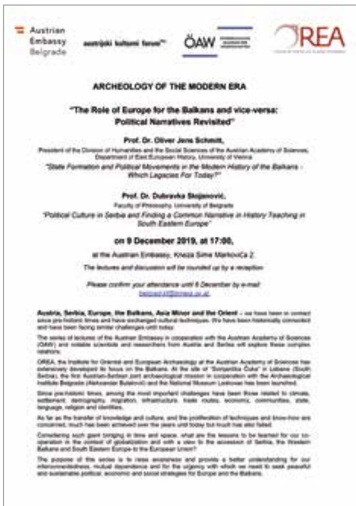 Fig. 30 Invitation of the Austrian Embassy in Belgrade, on the occasion of the new lecture se- ries on complex bi- and multi-lateral relations 