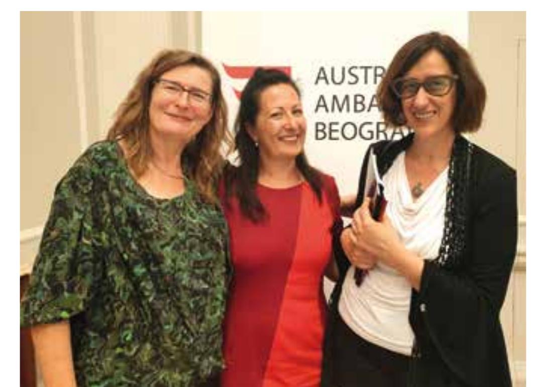 Fig. 31 Sabine Kroissenbrunner (Deputy Head of Mission, Austrian Embassy in Belgrade), Barbara Horejs and Sofija Stefanovi¢ (Bio- sense Institute, University of Novi Sad / Department of Archaeol- ogy, Faculty of Philosophy, University of Belgrade) at the opening event of the new lecture series Archaeology of the Modern Era  event of the new lecture series Archaeology of the Modern Era 