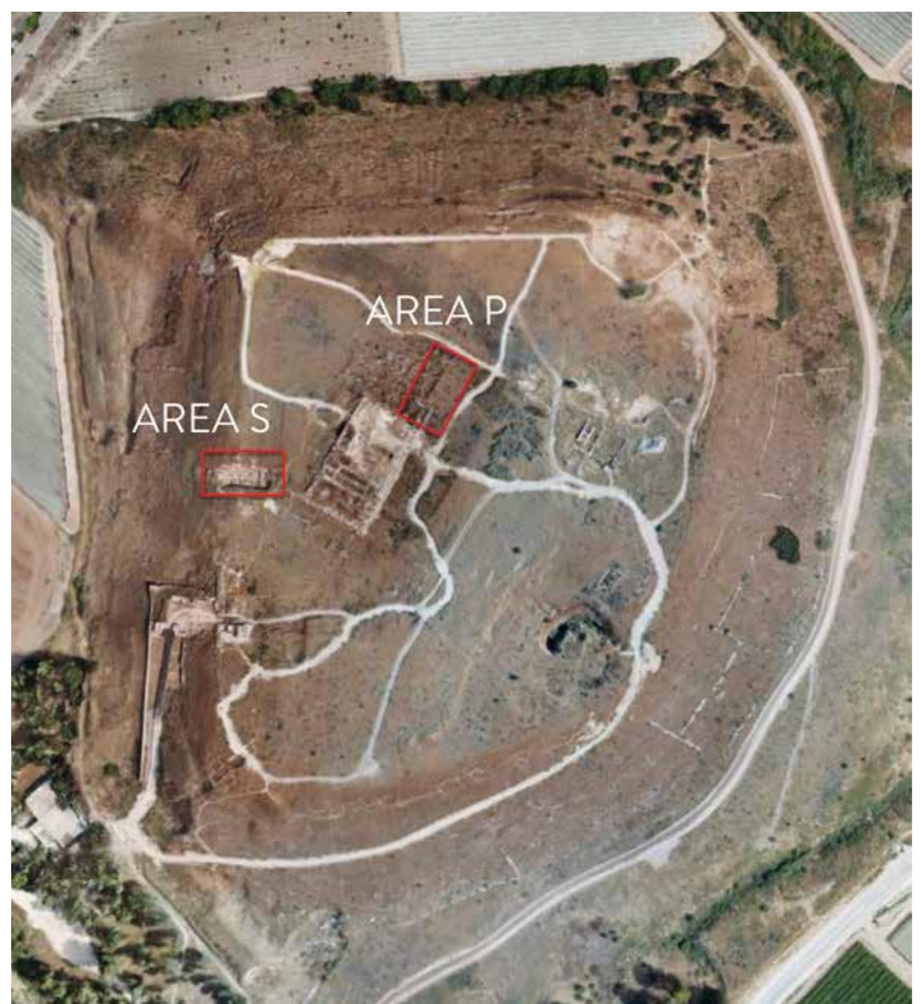 Fig. 48 Orthophoto of Tel Lachish with excavation areas S and P indicated photo and model: Matthew Adams, © W.F. Albright Institute of Archaeological Research  (University of Vienna), E. Christiana Kéhler (University of Vienna), Nadine Moeller (The Oriental Institute, University of Chicago), Thomas Schneider (University of Vancouver), Stéphane Polis (University of Liége) 