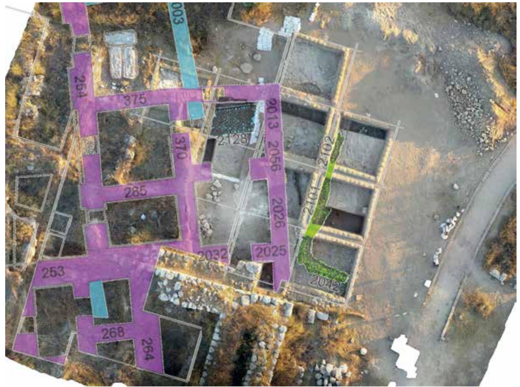 Fig. 50 Orthophoto of Area P at the end of the 2019 field season with architectural plan. Purple: Stratum P-4 Middle Bronze Age palace; Blue: Stratum P-5/6 earlier Middle Bronze Age palace; Green: Iron Age retaining wall (photos and model: Jared Dye, Lara Indra, and Agnes Woitzuck, © OREA)  In October, Katharina Fuchs and Alexander Walser from the University of Applied Arts, Vienna, visited the site to assess the state of preservation of the Middle Bronze Age palace, to take samples from the plaster and the mud-bricks and to develop a conservation strategy for the building. 