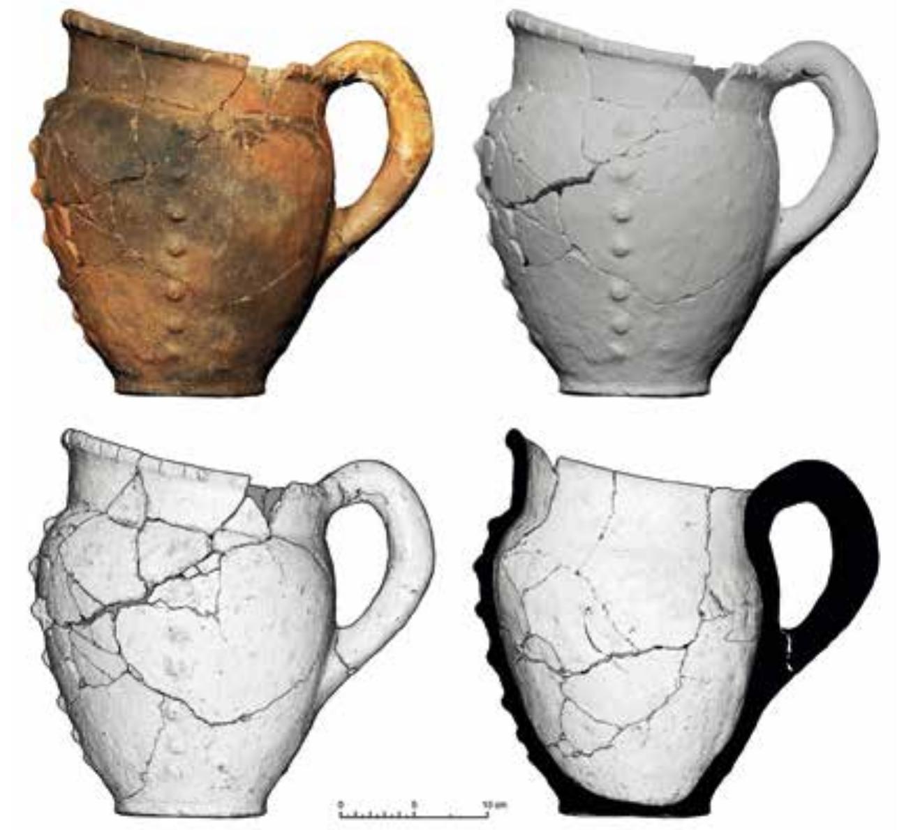 Fig. 72 Result of a post-processed 3D scan, in different kinds of visualisation (graphics: M. Borner/OREA)  For the recording process, the Breuckmann SmartScan 3D structured light scanner was used. The already processed, high-resolution 3D models were visualised for analyses and publications by using the software Blender. This is a free and open-source 3D creation suite which supports the entirety of the 3D pipeline (e.g. modelling, rigging, animation, simulation, rendering, composit- ing and motion tracking, video editing, and the 2D animation pipeline). During the rendering pro- cess, the option to use special shaders allows the exportation of different kinds of visualisations like orthophotos, simulation of drawings, and monochrome pictures of the objects. Furthermore, it is possible to combine these options as needed. 