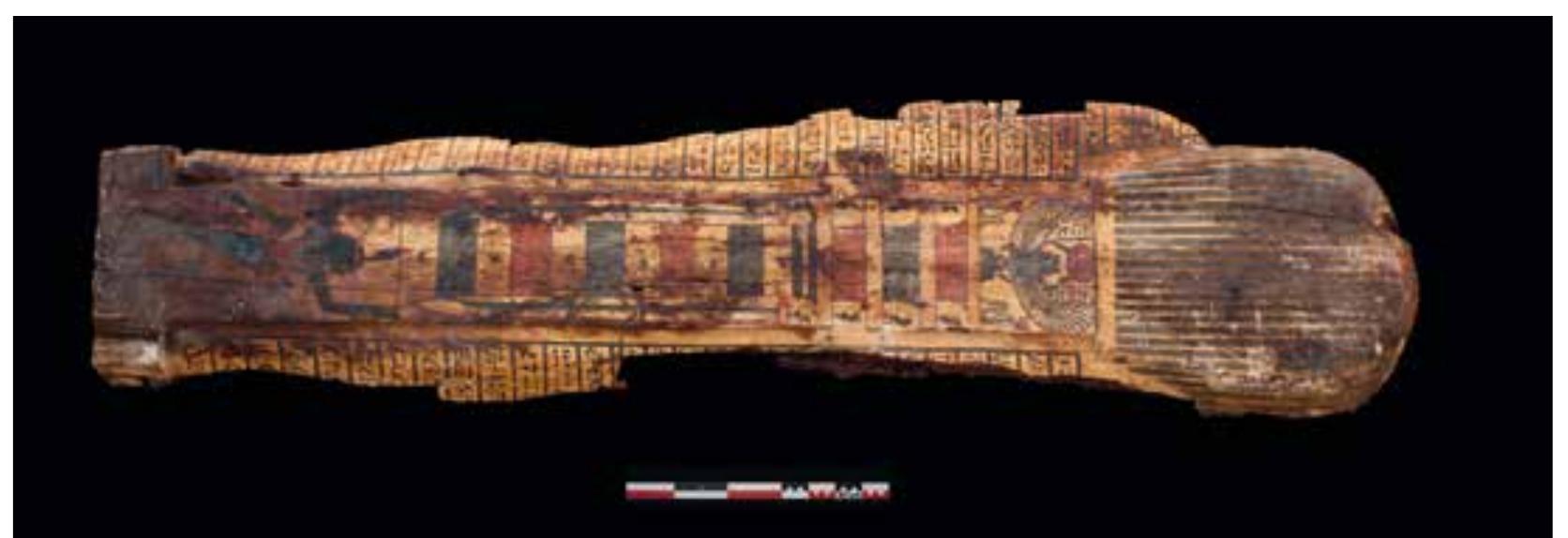 Fig. 74. Back side of lower part of anthropoid inner coffin Reg. 590 (photo: Cajetan Geiger)  Team members of the 2019 season: Julia Budka, Cajetan Geiger, Mona Dietrich, Hassan Ra- madan, Daniel Oberndorfer, Viktoria Ackerl, Stefanie Hasenauer, Irina Huller, Magdalena The- resa Hopfensperger, Jessica Karin Rossmann, Hannan Hassan Ahmed Hussein and Iman Ibrahim Zaghlol (both Inspectorate West Bank). 