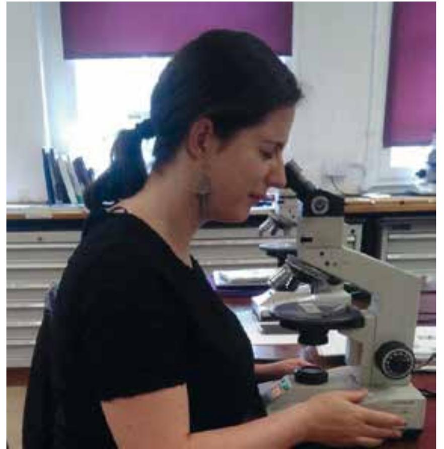 Fig. 75 Sarah Vilain checking samples (© The Enigma of the Hyksos)  ne  Besides this, the teams in Vienna and Bournemouth attended other seminars, lectures and workshops (internal and external). In this way, they also contributed to the project’s visibility and, at the same time, progressed with their personal career development. 