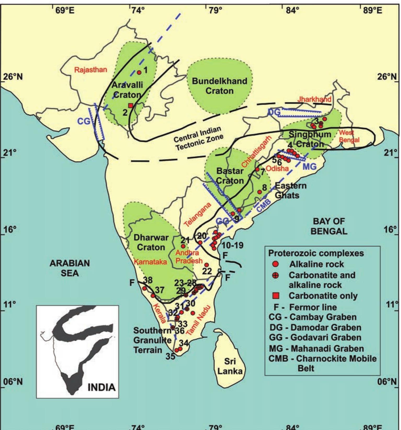 Proterozoic Rocks Map Figure 1 - from Proterozoic Alkaline rocks and Carbonatites