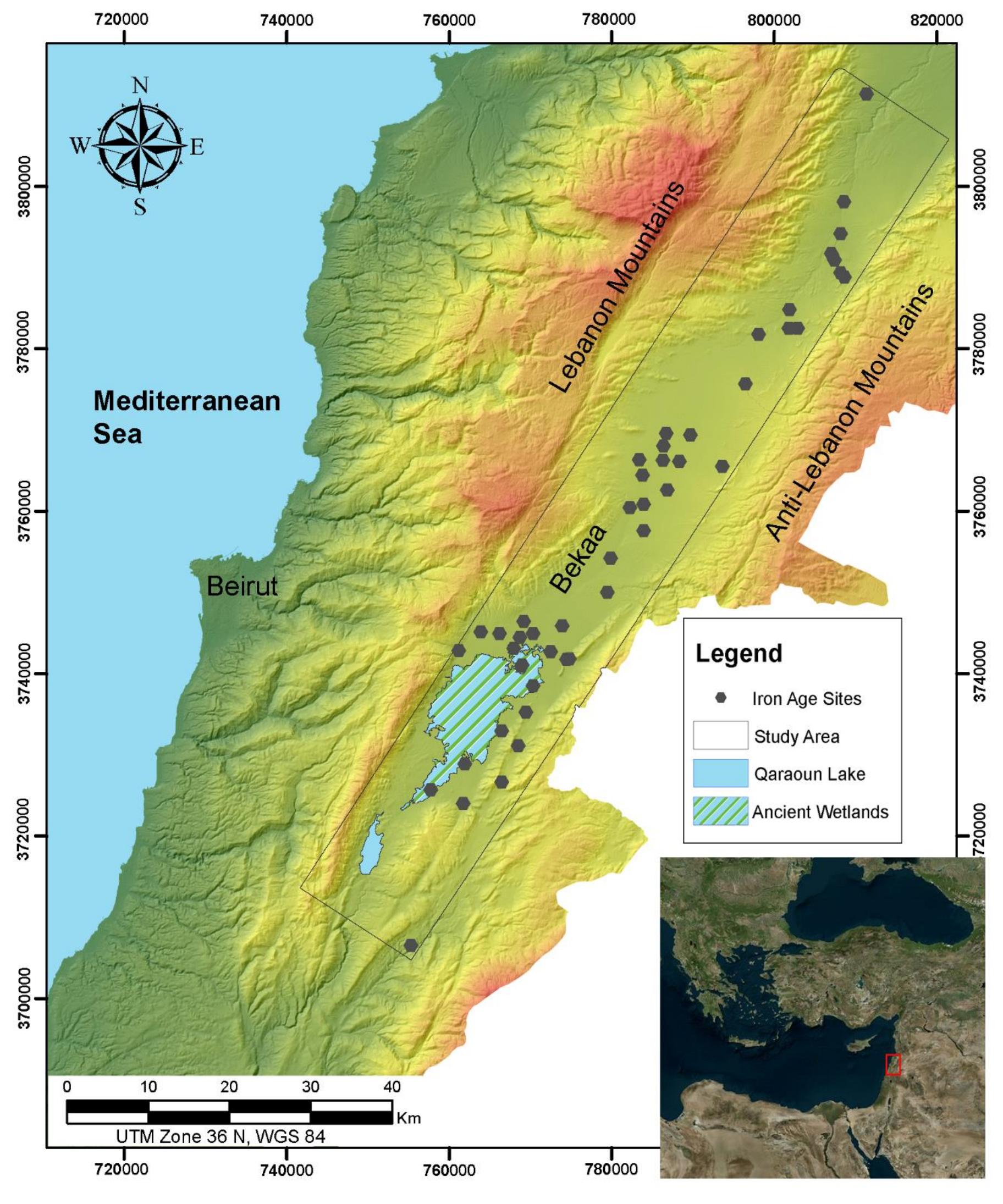 Figure 1. Geographic location of the study showing Iron Age (I-I]) sites in the Bekaa (Modern Lebanon)  First, the area covered by the artificial Qaraoun lake constructed in 1959 in the vicinity of the Qaraoun village in Southern Bekaa and second the land surface which was previously covered by wetlands in central Bekaa. The latter would have covered a substantial portion of central Bekaa prior to the vast drainage operation conducted by the Mameluk during the fifteenth century. The expansion of these  wetlands was recently remodelled by Abou Diwan and Doumit (2016). According to the authors, the surface area of these wetlands covered an estimated 126 km2. The accuracy of their established model is further corroborated by the spatial configuration of Iron Age settlements and their absence within the modelled area (Figure 1). 