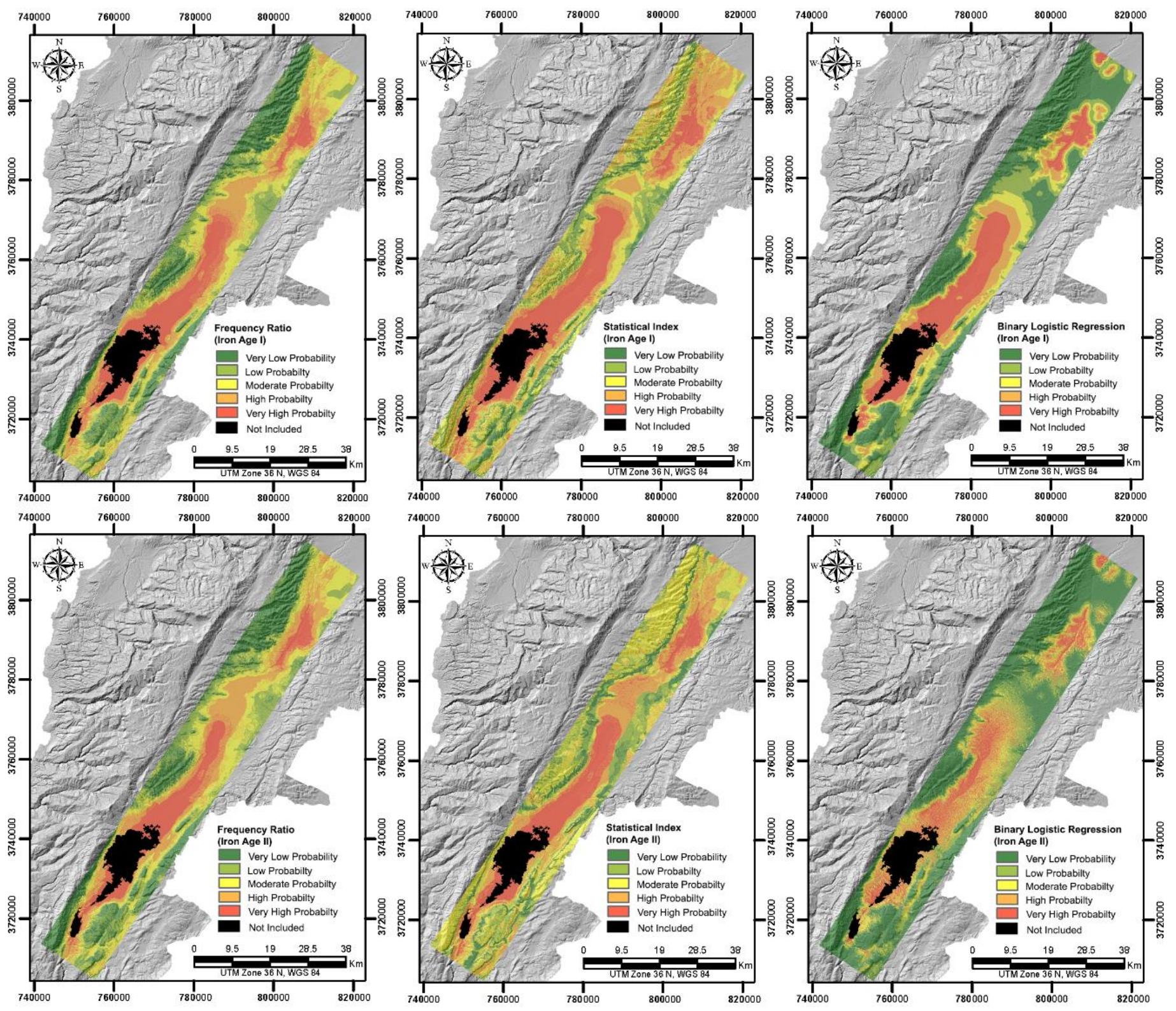 Figure 3. The archaeological predictive maps based on FR, Wi and BLR (The areas highlighted in black were not incorporated to the study)  likewise highly favorable to the establishment of settlements. Slope, elevation and terrain texture respectively ranging between 5.85 - 9.58 degree, 804 - 935 m and 1-13 are the most important classes affecting archaeological sites occurrence. As for aspect, the southern direction has the mos significant impact on the incidence of Iron Age sites. It can therefore be concluded that distance to rivers terrain texture, and elevation have the mos significant categories in the process of generating predictive models. The BLR method shows tha distance to crops and distance to rivers are the mos statistically significant explanatory variables concerning settlement selection.  N   As stated above, the selection of geo- environmental factors for computing the predictive model is based on the assumption that the natural environment played an influential role in the process of habitat selection in ancient societies. The relative impact of these variables is detected through the implemented methodological approach. The analysis of the FR and Wi methods shows that the areas located within a 21-minute walking distance to rivers have significant impact on the incidence of Iron Age sites. Regarding distance to crops, the areas  located within a Z7eminiute wralkino dictance are  