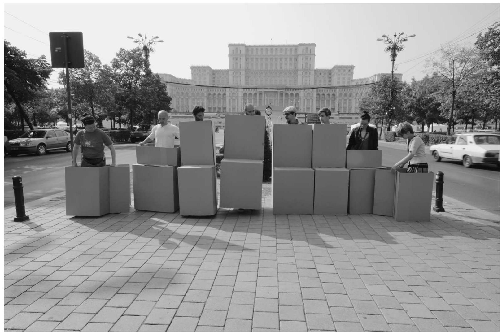 Figure 4. Alexandra Pirici, /f You Don’t Want Us, We Want You, 2011, public space intervention in front of the Palace of Parliament, former House of the People, Bucharest. Photograph by Alexandru Patatics.  dium and to allow it to reappear inside this particular museum, 