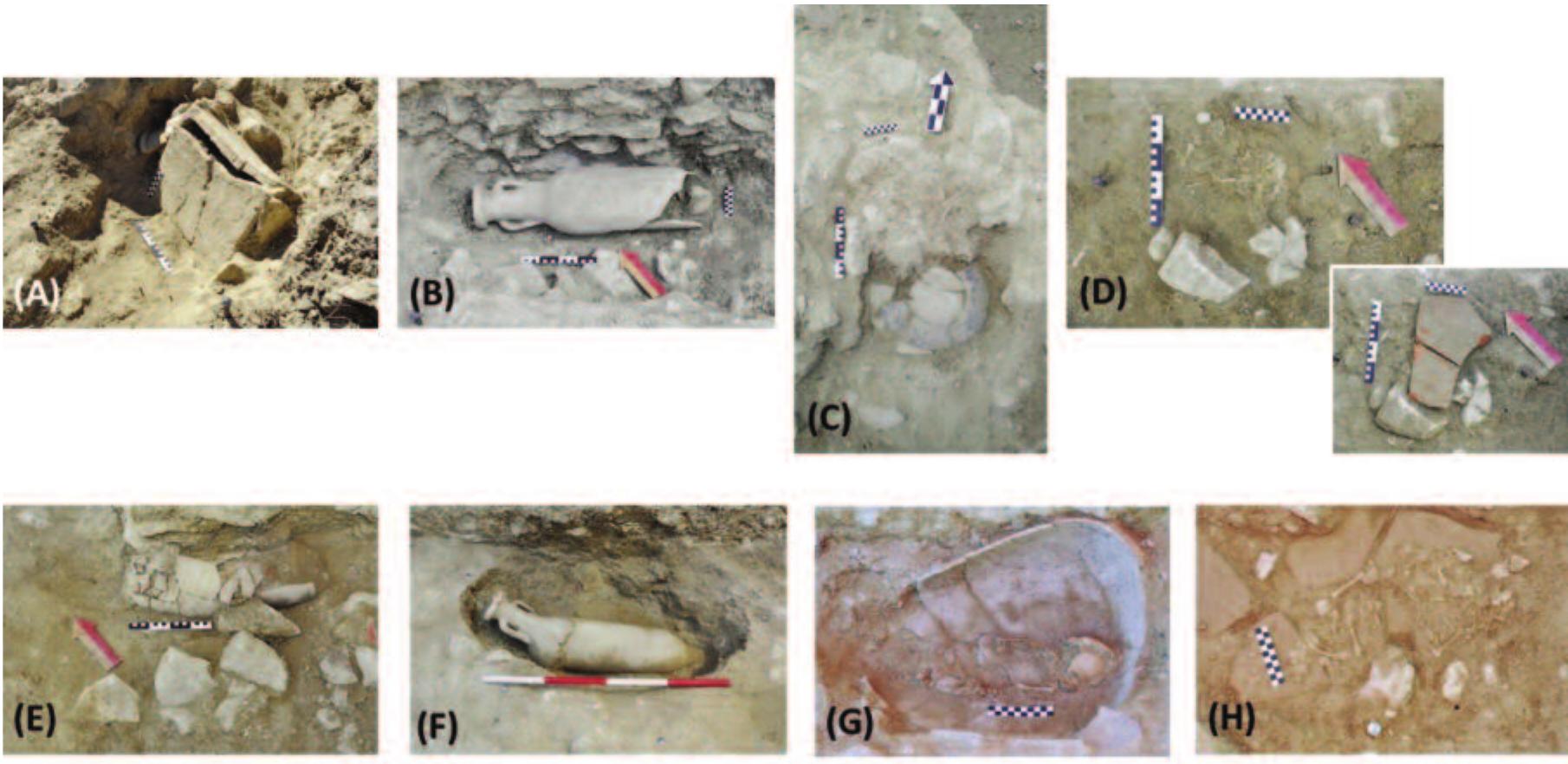 Fig. 4. Some examples of recently discovered burials: (A) Burial 46. (B) Burial 47. (C) Bur- ial 48; Under the upturned coarse ware vessel was found a copper-alloy ring, unidentified coin, and much burned organic material. (D) Burial 49, found directly below a brick frag- ment. (E) Burial 50. (F) Burial 52. (G) Burial 56. (H) Burial 60 (image by D. Pickel 2019). 