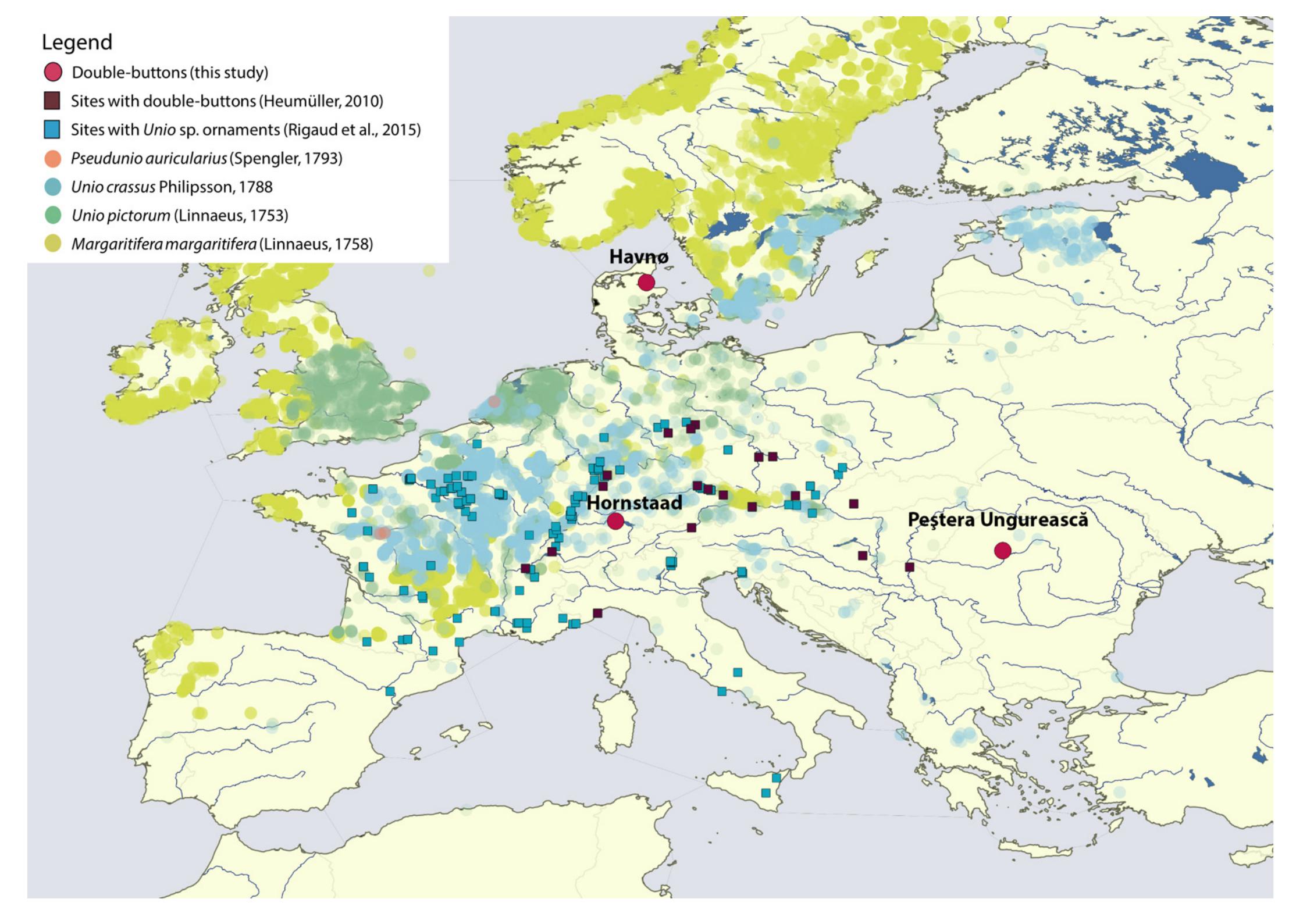 Figure 2. Map displaying the location of Havne, Hornstaad-Hérnle IA and Pestera Ungureasca, together with other archaeological sites from whic!  double-buttons (Heumiiller, 2012) and a variety of ornaments made with Unio sp. shells (Rigaud et al., 2015) have been reported. NOW: bene 7/AA Mp1 TEGASAI He AGAAA CCU. 