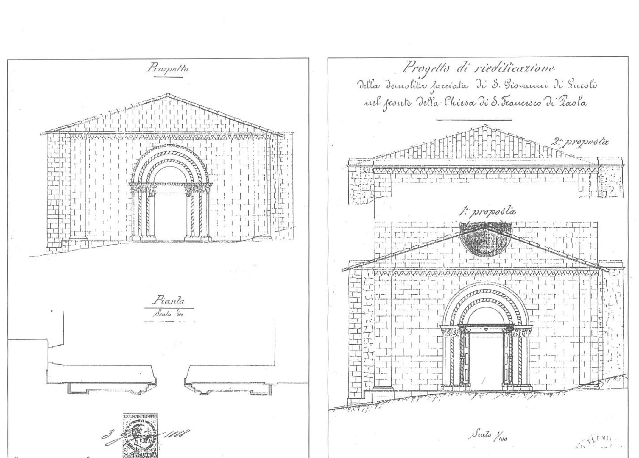riadattamento che porta alla creazione di un basamento e di una gradinata. Meno noto é lo spostamento della facciata di S. Giovanni in Lucoli, quasi ridotta a rudere alla fine del XIX secolo, sul fronte di $. Francesco di Paola all’ Aquila. Benché le voci di capitolato”* indichino una certa attenzione verso le diverse fasi dell’intervento («numerazione dei vari pietrami», «apertura di incassature nel muro pel collega- mento di leghe in pietra onde assicurare i pietrami al vecchio fabbricato», «assestamento a scalpello del pietrame») l’ope- razione non risulta esente da censure, se nel 1896 G. Gio- venale, direttore dell’Ufficio Regionale di Roma, ordina un nuovo progetto di ricomposizione motivandolo con la non corretta restituzione di due colonne del portale, invertite, e con la volonta del Genio Civile di ricostruire il rosone, di cui non si conservava alcun elemento”’. E comunque interes- sante rilevare come nel trattamento dell’apparato murario del nuovo fronte, le parti di reintegro sono realizzate con la «stabilitura nel prospetto di cemento a lenta presa ad imitazione d’un rivestimento in pietra da taglio a regolari ricorsi», mentre il fregio del cornicione viene risarcito con pietra da taglio successivamente scialbata con «cementi e terre colorate onde armonizzarla coll’antica»”*. Particolare  sara costante l’impiego della pietra bianca di Manoppello. Ancora negli anni sessanta e settanta del Novecento, nume- rose operazioni di reintegro saranno eseguite con tale pietra, che rispetto a quelle estratte dalle cave locali di Poggio Pi- cenza o Cavallari presenta durezza inferiore, tendendo in tempi brevi allo sfaldamento?!. Nel consolidamento della facciata del Duomo di Larino, eseguito a partire dal 1897 dall’Ufficio Regionale di Napoli, i blocchi di pietra concia lavorata provenienti dalle cave di Guardialfiera e del Cigno sono fissati con l’ausilio di malta idraulica e grappe di rame”.  Fig. 4. Progetto’ di riedificazione della demolita facciata di S. Giovanni d Lucoli nel fronte della Chiesa di S. Francesco di Paola, proposte per i coronamento, 1896 circa, part. (ACS, MPI, AA.BB.AA., III Vers., IJ  P., B. 531, £. 903/4),  Fig. 3. Rilievo della facciata di S. Giovanni di Lucoli prima della ricom- posizione del 1888 (ACS, MPI, AA.BB.AA., III Vers., II P., B. 531, f  903/4). 