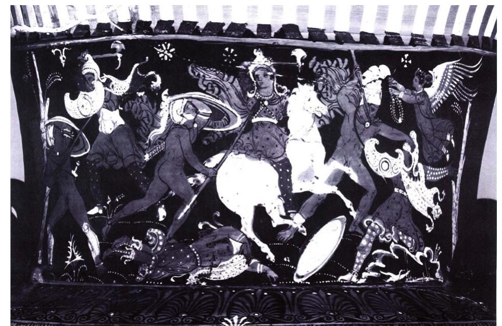 Fig. 5 — Munich, Archaeological Museum inv. 3296 (810). Volute-krater Munich with Amazonomachy (hoplite against mounted Amazon over dead Amazon) (Moret 1975, pl. 66).  The scene on the obverse represents the Dioscuri: a mounted Castor is rampant over a woman lying on the ground, while a kneeling Pollux has triumphed against an Amazon lying dead on her horse before Athena and an enigmatic female warrior fights against a mounted Amazon over a nude dead youth (Linceus?)**. This theme is not documented in the mythological tradition, in neither icon- ographic nor literary sources. 