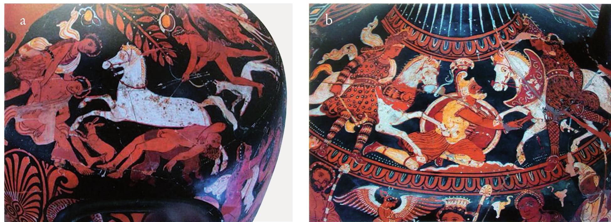 Fig. 6 — Foggia, Museo Civico inv. 132723. Hydria, associated to the Arpi Painter: a) dead Niobid; b) Amazonomachy (To- DISCO 2008, pls. LI.b and XL.b).  penhagen 4223 Painter*. Nonetheless, the scene depicted on the Marchetti krater 245 reveals a num- ber of abnormalities: not only is the scene depicted on the body — it is usually painted on the neck, but there is a nude youth lying supine near the hooves of the rampant horse — he is not a dressed Amazon lying prone, but rather resembles one of the Arpi Painter’s Niobid (fig. 6a)". Furthermore, the hoplite is replaced with a female warrior, whose characteristics — chitoniskos with studded belt, chlamis and endromides — usually characterise the Amazons, Iris, the Erinyes, Lyssa, Poiné, Hecate or Artemis. Nonetheless, she cannot be recognized as any of these women”.  — 1 1 1 1 1 1 7 r 1 1 1 1a 1 