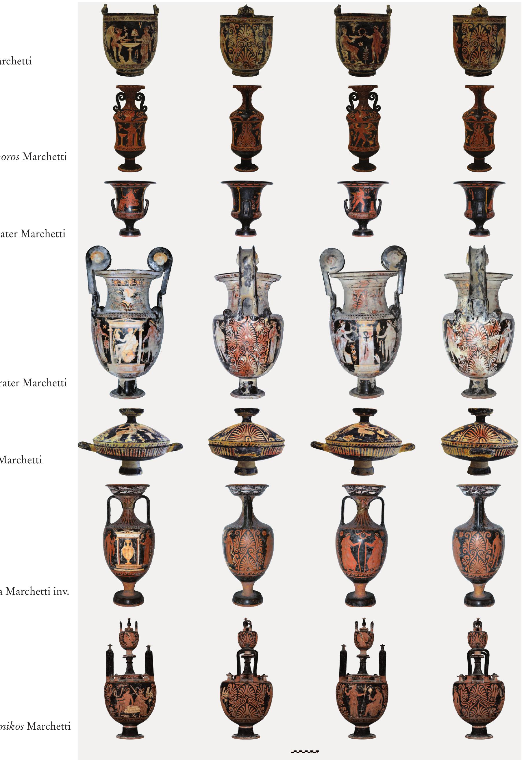 Fig. 8 — Pseudo-Apulian vases in the Marchetti collection attributed to the “Painter of the Marchetti krater” (photographs by Author, Michele Barollo and Simone Citton). 