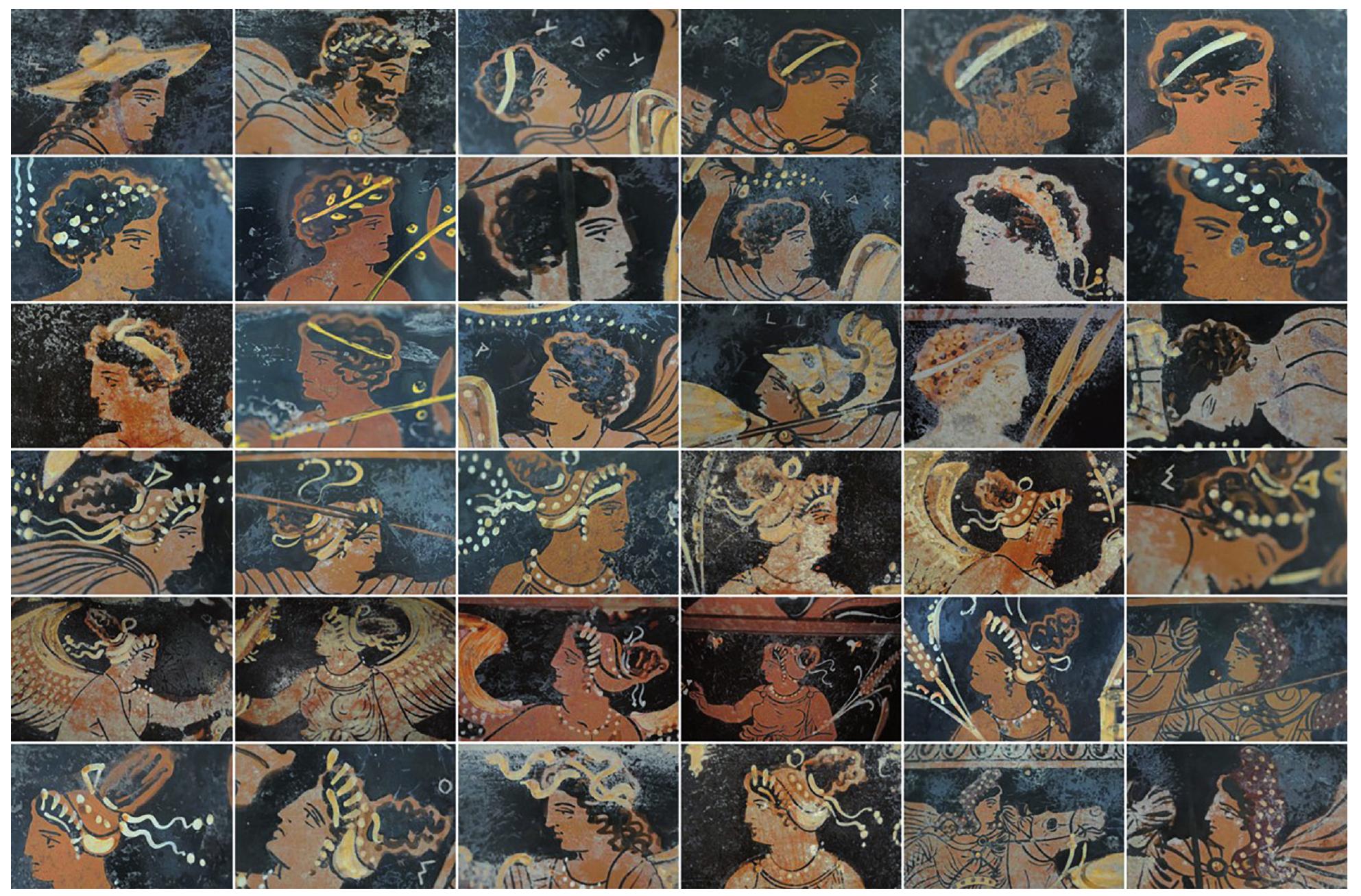 Fig. 9 — Details of the faces of the vase in figs. 1 and 8 (photographs by Author).  As far as technical features are concerned, all the vases are made of a clay ranging from yellowish red (5YR 4/6) to reddish yellow (5YR 6/6), a shiny, covering black glaze (2.5YR N 2.5/0), with added white, yellow, orange, purple, dark brown and gold in slightly different associations and shades. They are intact, none of them showing any restorations, and present (pseudo-) carbonate efflorescence and root marks, that are methods for falsely “ageing” ceramics. 