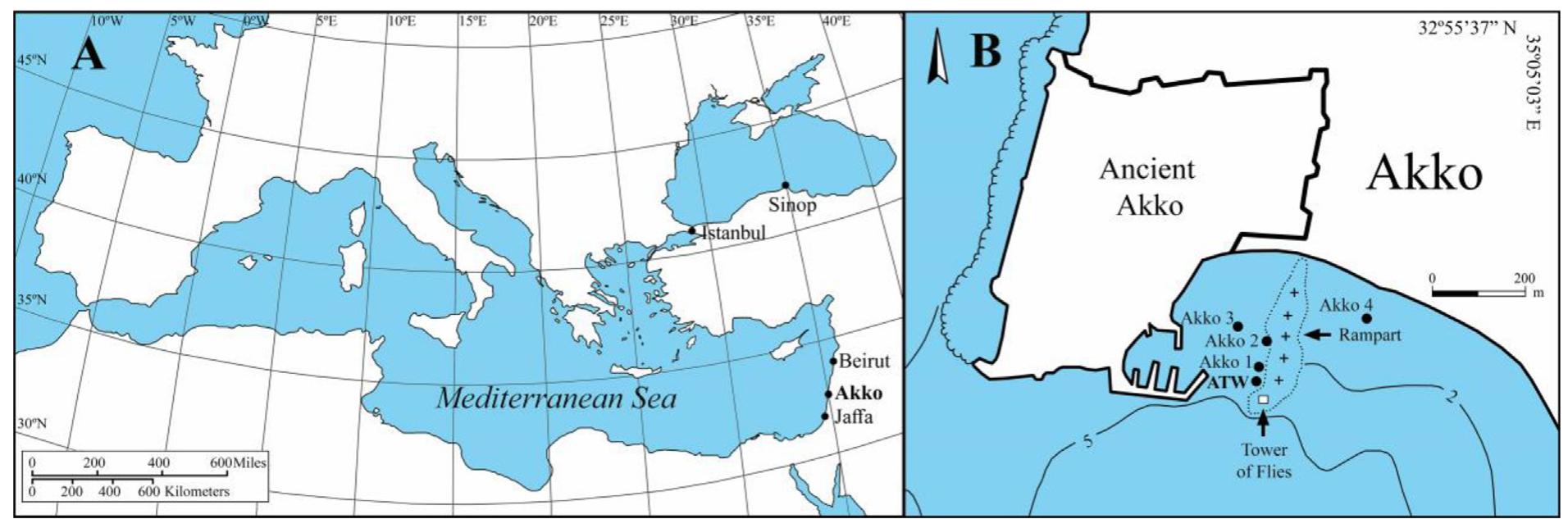 Fig. 1. (A) Location of Akko and (B) the Akko Tower Shipwreck (ATW) in relationship to other identified shipwrecks and structures within Akko’s harbor (drawing: N. Yoselevich and S. Haad). 