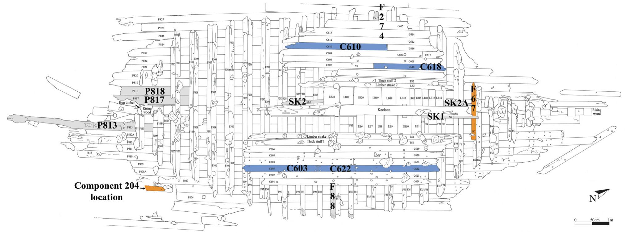 Fig. 2. Plan of the Akko Tower Shipwreck’s hull remains (drawing: P. Sibella and L. Levert); the timbers that are dated dendrochronologically (blue); with '4C wiggle- matching (orange); and sampled timbers which could not be dated (gray), are shaded and labeled according to their excavation codes. 