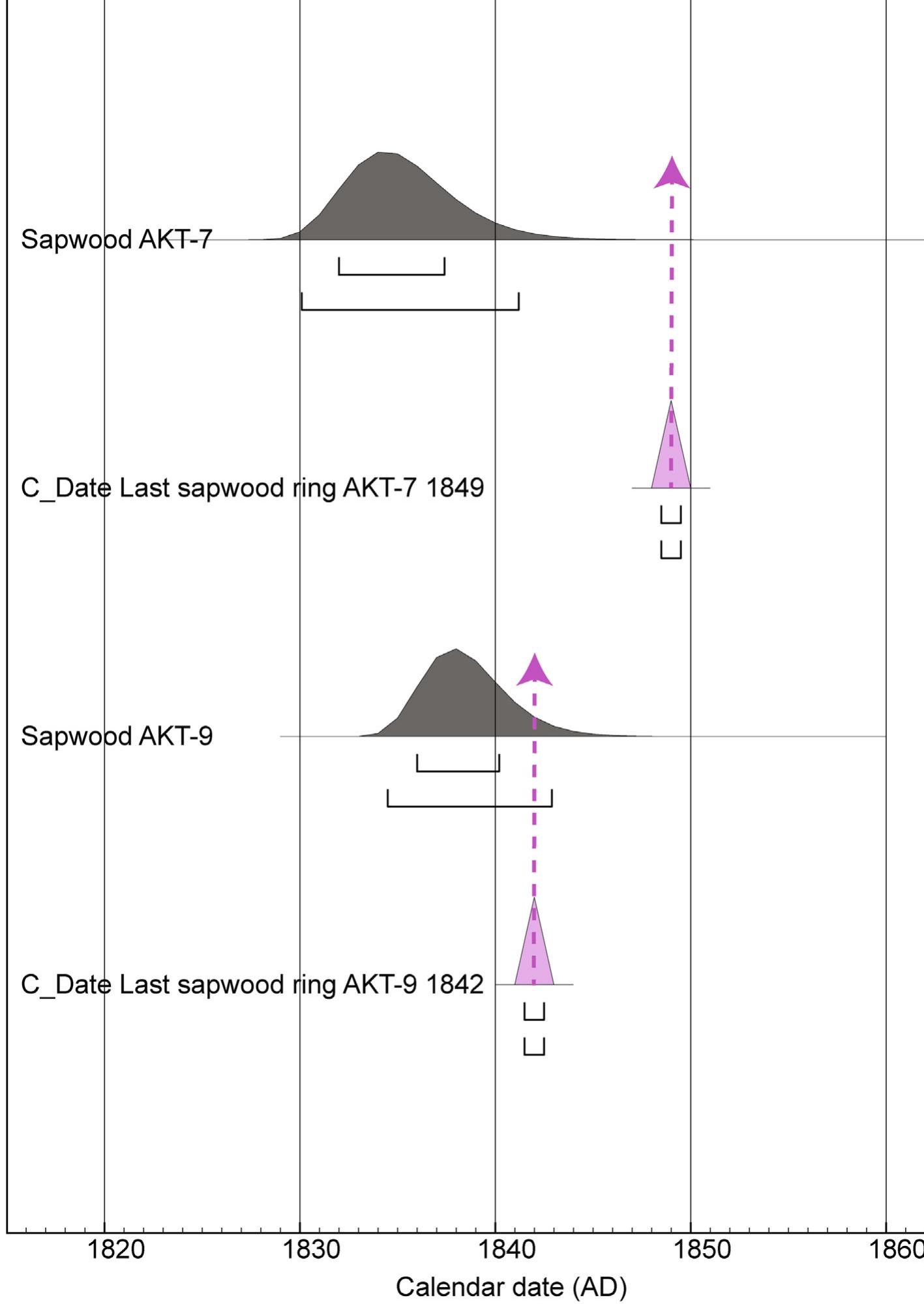 Fig. 5. Unsuccessful application of the OxCal sapwood model from available North Turkish oak data to the known-age AKT-7 and AKT-9 samples. The probabilit distribution range for the estimated felling date fails (AKT-7) and almost fails (AKT-9) to include the known date of each sample’s outermost preserved sapwood rin (purple), meaning that the available North Turkish dataset is not a representative of a complete population. 