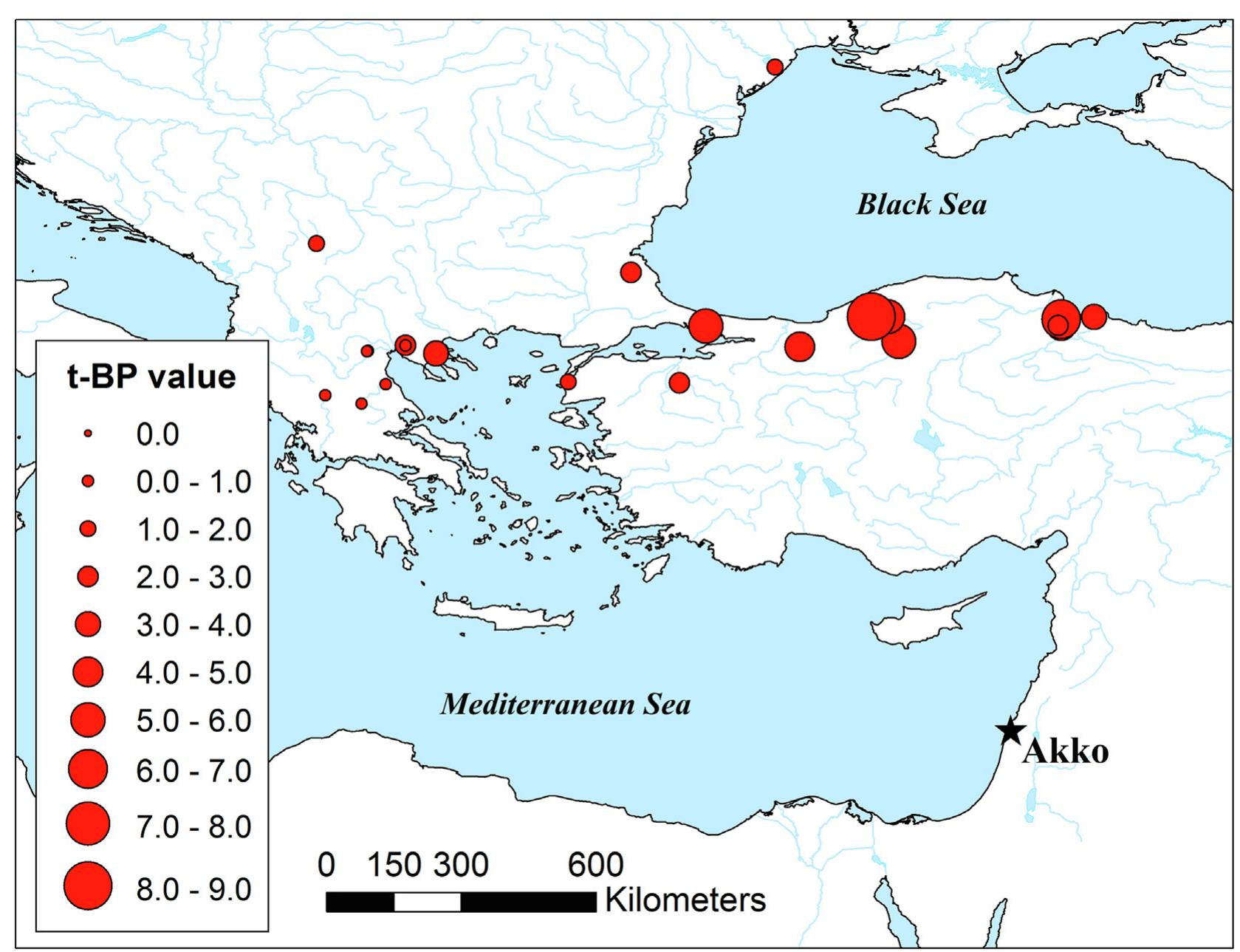 Fig. 7. Map showing the correlation (tgp-value) between the AKT oak chronology and historical and forest site chronologies in the East Mediterranean and Black Sez regions. Increasing circle size corresponds to increasing tgp-value magnitude and higher correlation. For a list of all correlation values between the AKT chronolog} and the site chronologies shown here, and correlation with regional chronologies (not shown), see Table 3 and Supplementary Table A.6.  The AKT oak chronology’s highest correlation values are with the North Turkish oak regional chronology (tgp = 6.5) and forest site chronologies from Turkey’s Black Sea coast (tgp = 5.3-8.6) (Akkemik et al., 2005; Griggs et al., 2009), indicating this region as the most likely source of AKT’s ceiling planks (Table 3; Fig. 7). Correlation is particu- larly high with the Griggs et al. (2009) forest chronology from 