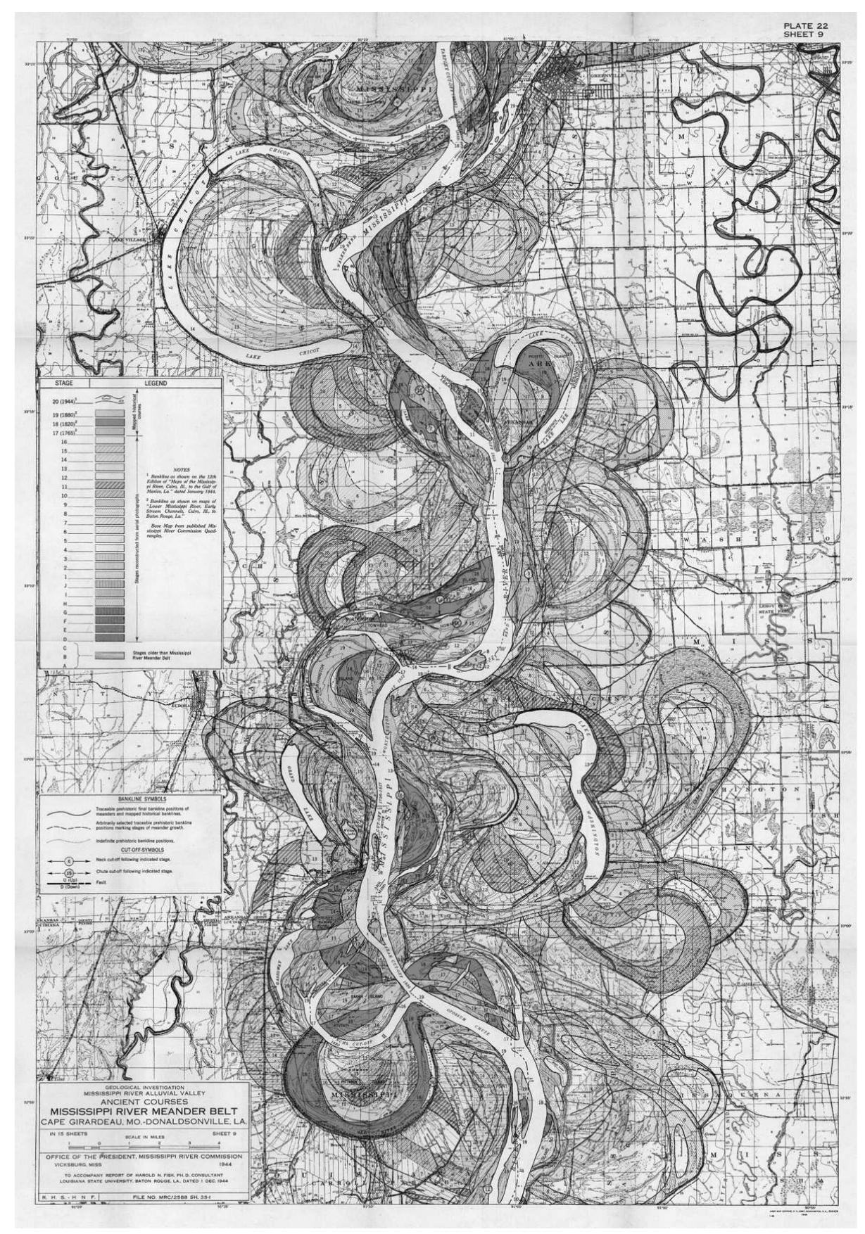 1. Rivers as entanglements of nature and culture  Fig. 1.1. The entangled river. Part of the Mississippi meander belt, showing present and former courses, mapped by geologist Harold Fisk in the 1940s (source: United States Army Corps of Engineers). 