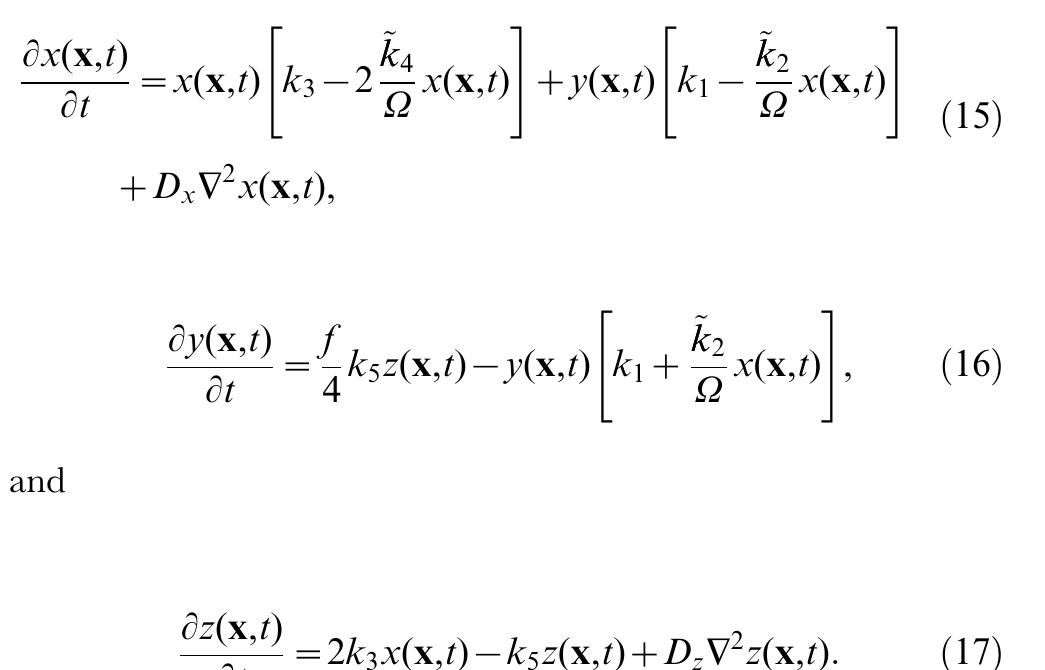 We can write deterministic equations for the evolution of the copy counts as a set of three coupled partial differential equations, 