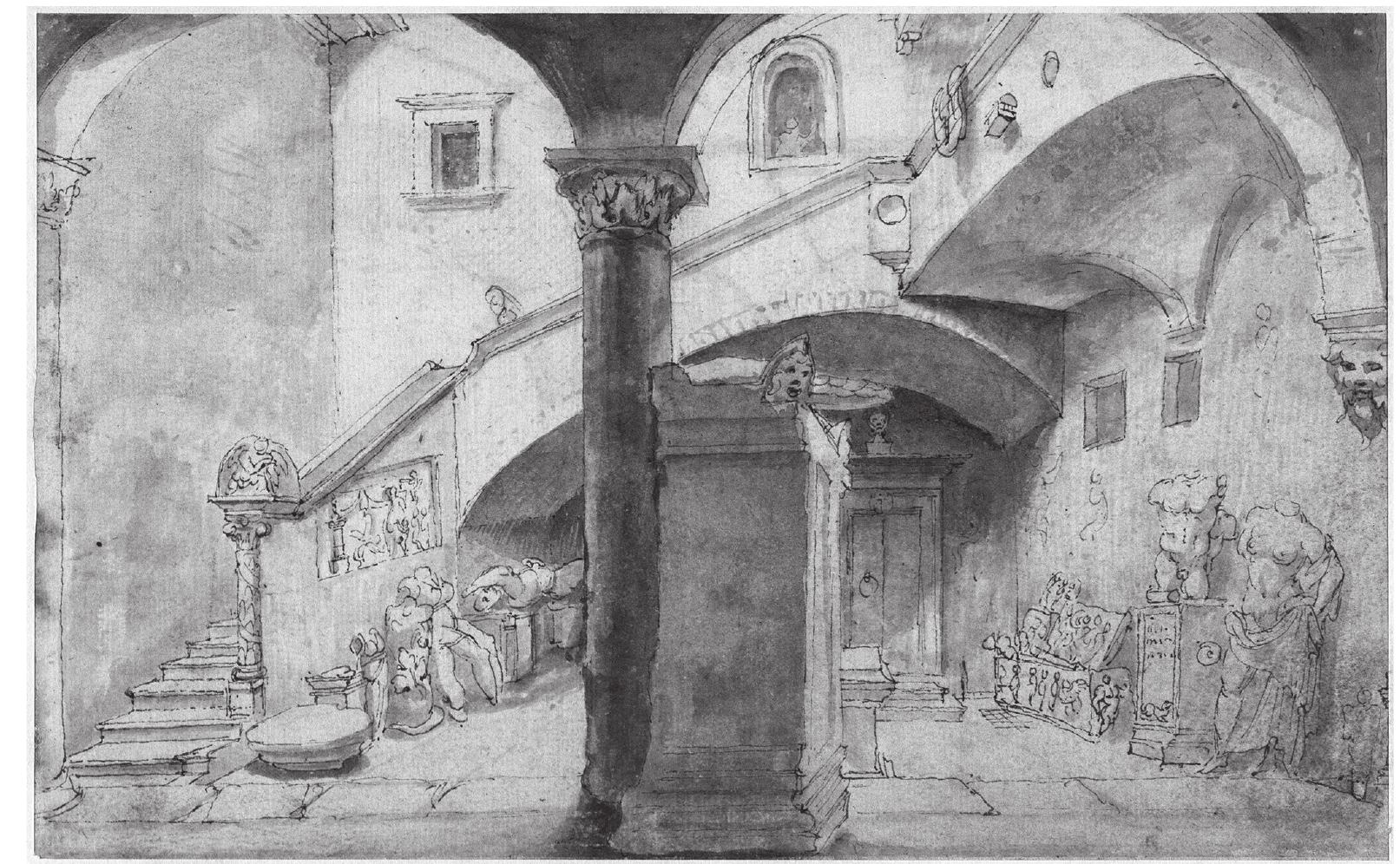 2§ Maarten Van Heemskerck, House of the Maffei in Rome, c. 1532-37. Berlin, Staatliche Museen zu Berlin, Kupferstichkabinett, inv. 79 D 2, fol. 3”  These guests and other visitors would have admired the Maffei’s antiquities collection, which was already extensive in the Quattrocento and which can be primarily associated with the patronage of Agostino." In the 1530s Maarten van Heemskerck visited the Maffei and made a famous drawing of their courtyard littered with fragmented statues and inscriptions (fig. 25). Here one sees several pieces that were already present in the Maffei collection in the Quattrocento: the Venus Anadyomene, or the Ikarios relief immured on the wall, or the Dying Niobid under the staircase.” There is no trace in van Heemskerck’s drawing of the Sleeping Ariadne, which the Maffei had sold to Pope Julius II for the Belve- dere collection some time around February 1512. A drawing by Amico Asper- tini in a sketchbook dated c. 1496-1503 shows the figure when it was still in the house of the Maffei, before the restoration of its right hand (fig. 26). Certainly 