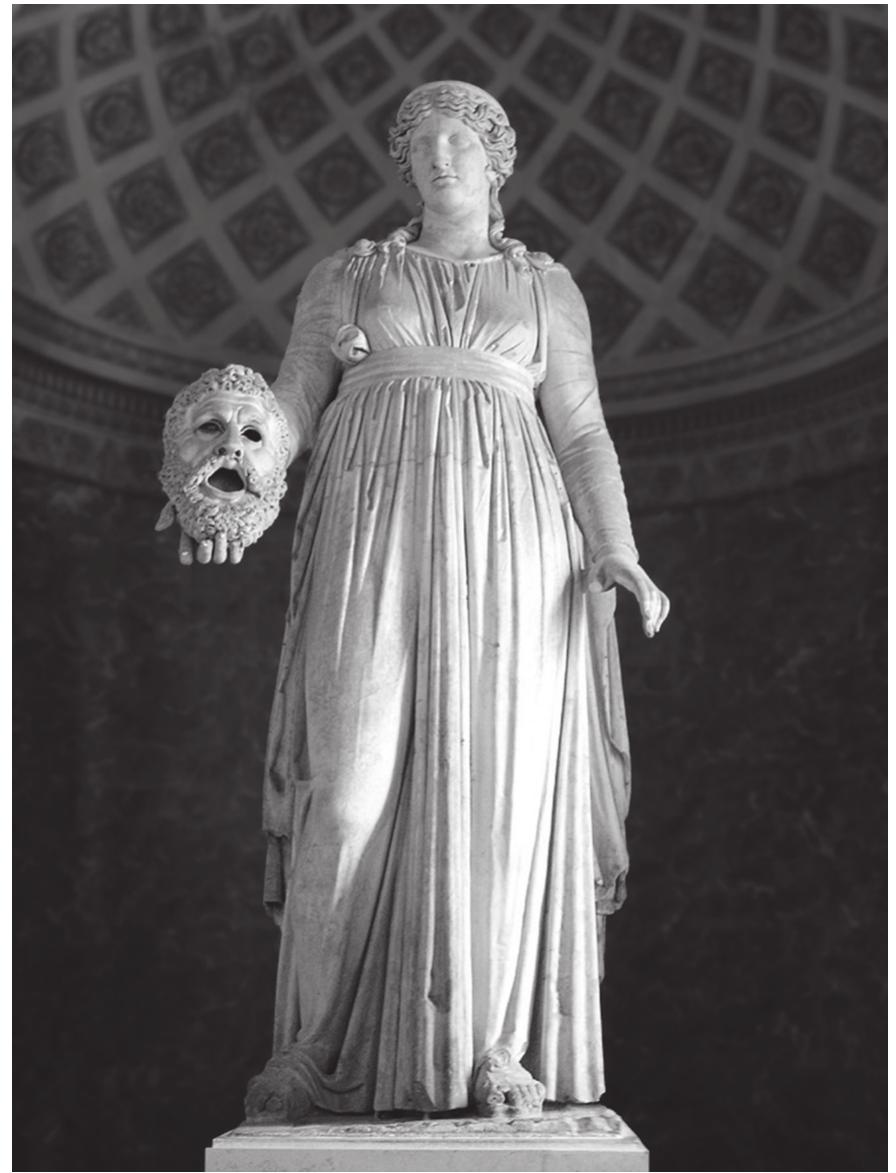 28 Ancient statue of a Muse restored as Melpomene, c. 50 BCE. Paris, Louvre  Muses, optimistical  ly hailing their recent arrival in Rome and the beginning of  a new Golden Age. As at the court of Riario, antiquity assumes such a role as if to suggest that Rome, combined with Riario’s liberalitas, stands at the cusp of a  new era, an idea exp  ored in a poem written in honour of the antique Muse some  time before 1513/14 by the poet Marcantonio Biaxander, known by his academic  name ‘Il Flaminio? “1  [he fame of our age’, Flaminio wrote, ‘the honour, the splen-  dour and our prize calls back the blessed kingdom of the sickle-bearing old man [Saturn]. [... ] Muse, salute the festivals now celebrated with new hearths, salute the favourable gods, rejoicing in this opportune time. Riario’s Muse, through Flaminio’s verses, heralds the return of the Golden Age (the Age of Saturn) to Rome in Riario’s new palace (his ‘new hearths’).°° 