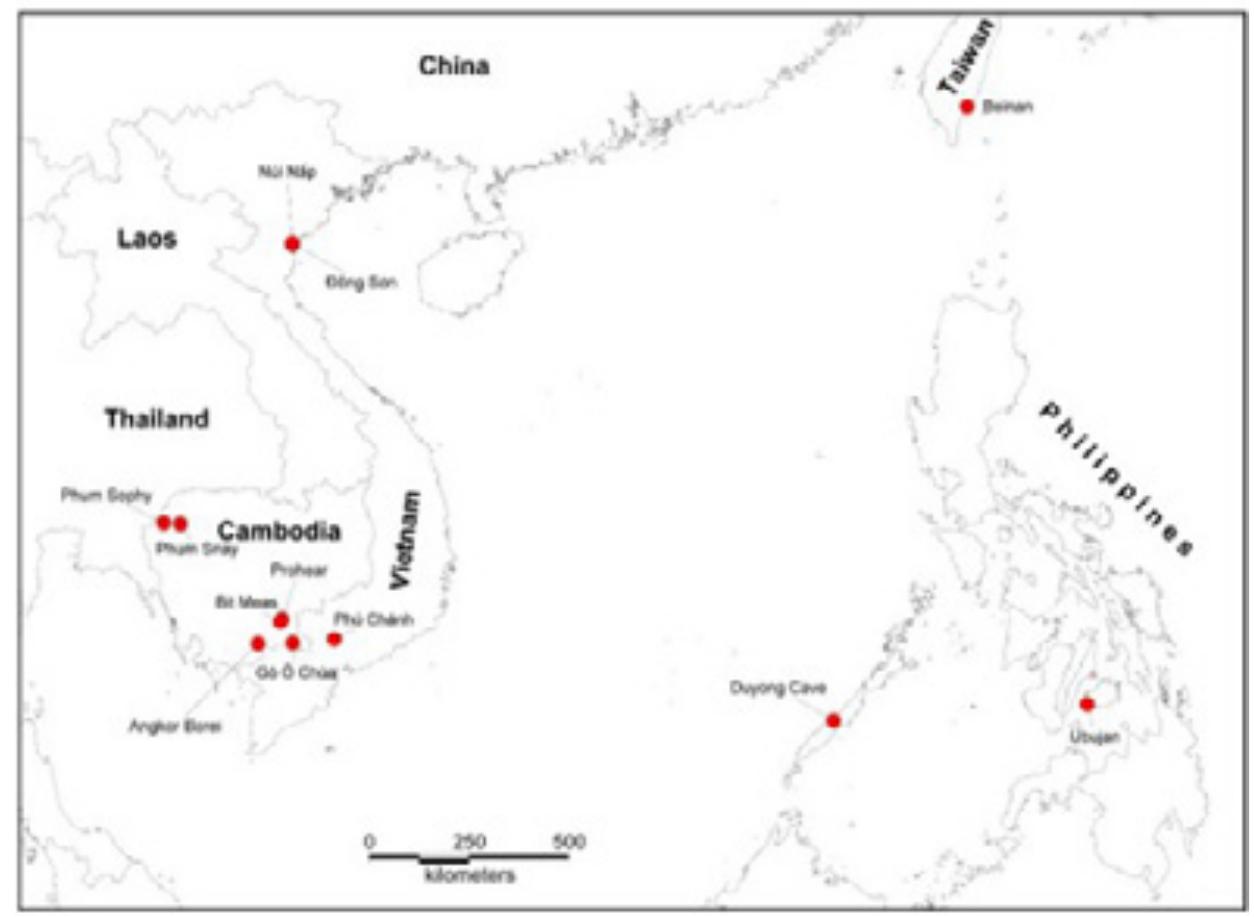 Figure 1. Archaeological sites mentioned in the text. Map by A. Reinecke.  The site of Gd 6 Chua is situated in Long An Province, southern Vietnam, close to the present-day Vietnamese-Cambodian border (Figure 1). Five excavation campaigns in 1997, 2003-2006 and 2008 uncovered the remains of sixty-eight inhumations and seven jar burials in three contiguous mounds, providing one of the largest prehistoric human skeletal collections on the Vietnamese side of the Mekong 