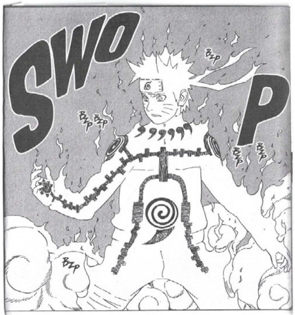 visual style (p.237). This visual similarity carries over into the videogame series, with character designs and environments based on Kishimoto’s artwork. Certain aspects of Naruto's ninja skills, for example the “tailed beast mode,” are depicted the same way across all three mediums, with Naruto exhibiting pronounced whiskery lines on his face and a glowing aura, flames surrounding his body.'? (Compare Figure 1, 2, and 3) 