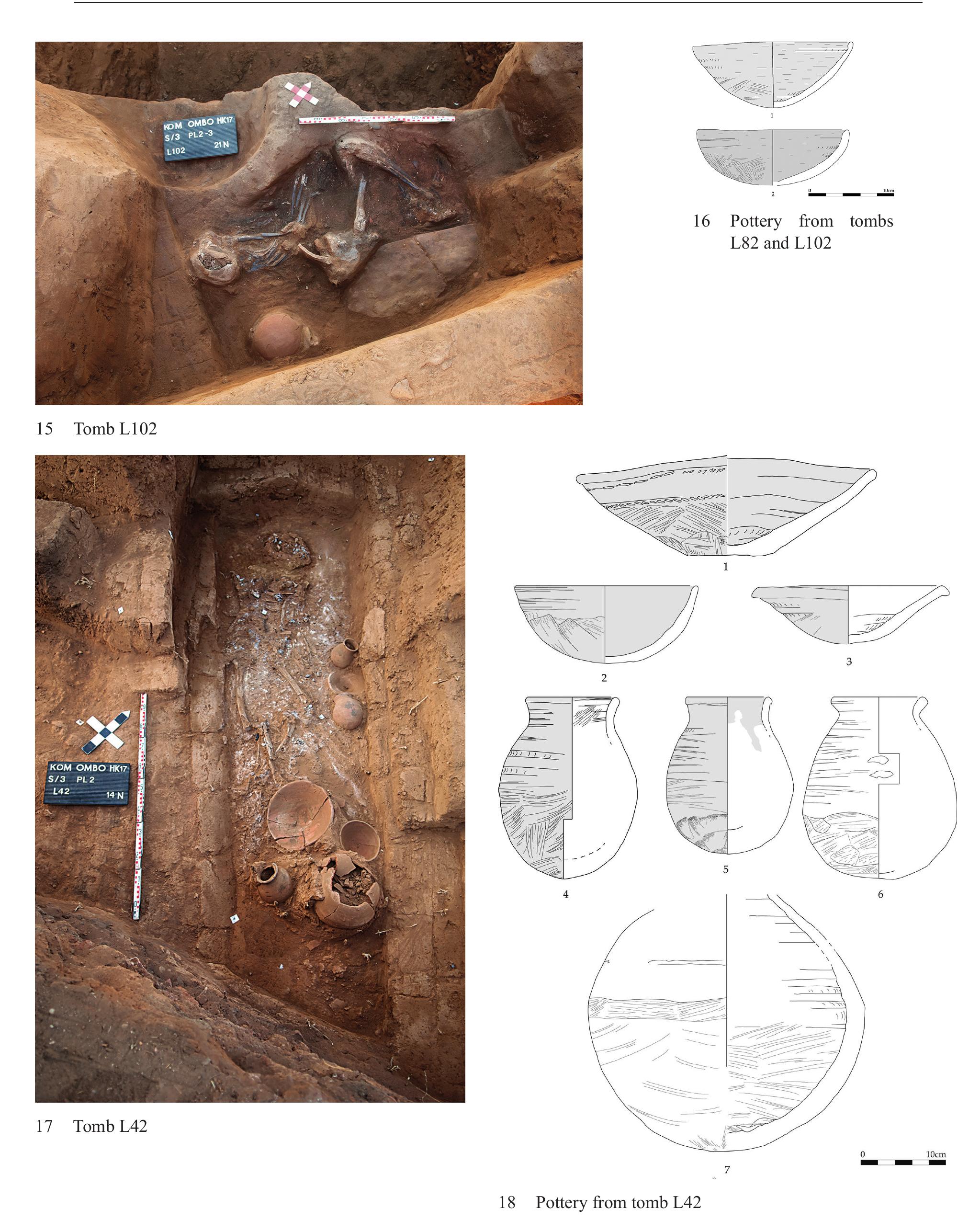 Several ceramic vessels — a range of dishes, cups, vases and larger storage vessels, serv- ing as grave-goods, were grouped around the legs and on the feet of the burial in the south- eastern part of the tomb*® (fig. 18). No further grave goods were found but any flammable object would have been consumed by the fire. 