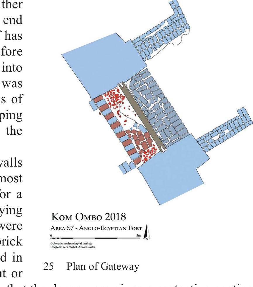 The only gateway lay in the middle of the western enclosure wall and faced the river. It  was 2.45 m wide and was well preserved, standing some ca. 1.2 m high, with its wooden threshold still in place (fig. 25). 