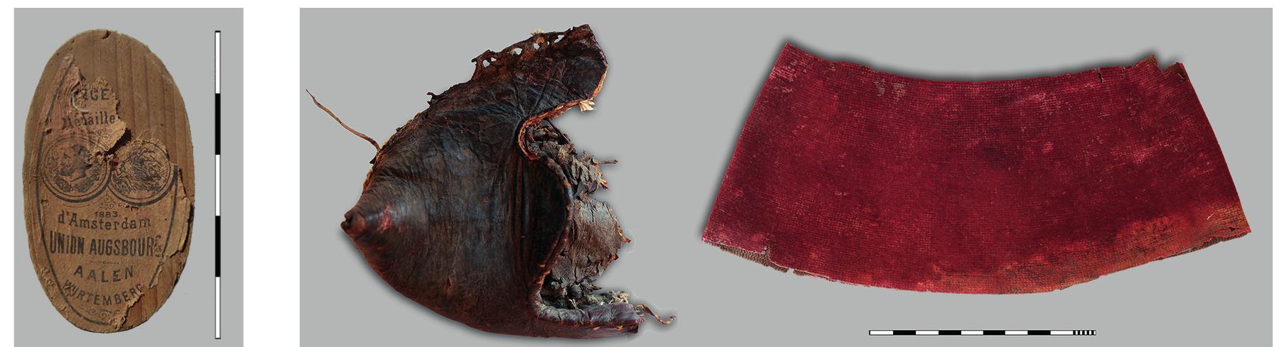 28 Shoe polish label (KOKF 181), pointed leather shoe (KOKF 157) and Fez (KOKF 178)  Finds of weaponry consisted of lead bullets and cartridge casings 