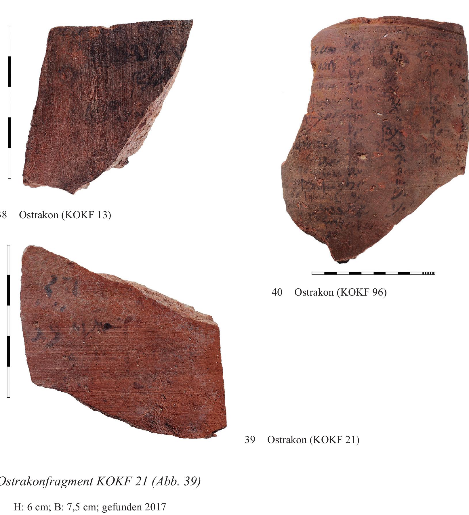 Das Ostrakon ist oben und unten abgebrochen. Der stark verblasste Text gibt eine Abrechnung uber Fliissigkeiten (gemessen in Hin) im Zehnerbereich wieder. Diese werden verschiedener Personen zugeordnet. Am linken Rand des Textes scheinen weitere Zahlen mit einem etwas dickeren Kalamos hinzugeftigt worden zu sein. 